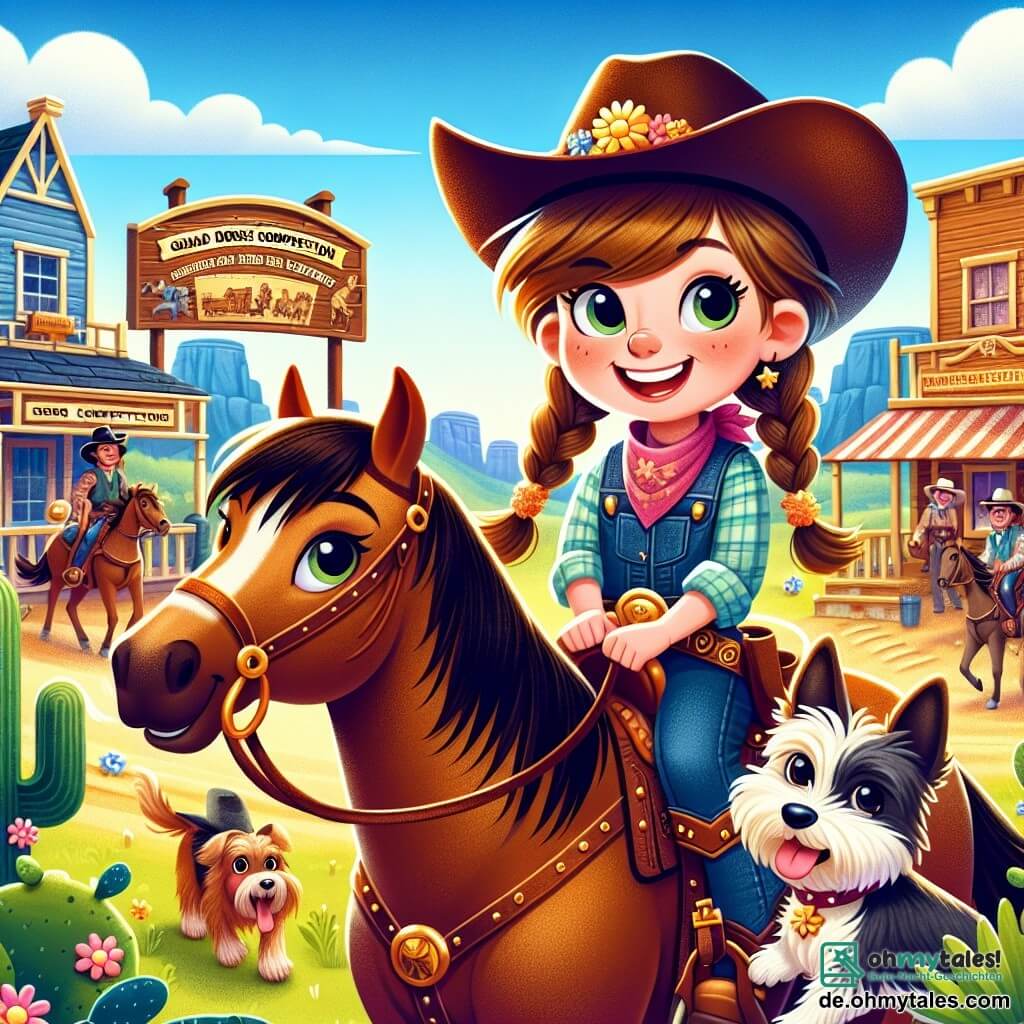 Mia, ein etwa 10-jähriges Cowgirl, steht im Mittelpunkt des Bildes. Sie hat lange, geflochtene braune Haare, ein großes Lächeln im Gesicht und trägt einen mit Blumen geschmückten Cowboyhut. Sie sitzt auf ihrem schönen, kastanienbraunen Pferd und schaut entschlossen in den Horizont, bereit, eine Herausforderung anzunehmen. Neben ihr steht Max, ihr kleiner Terrier, auf seinen Hinterbeinen, mit aufgerichteten Ohren und herausgestreckter Zunge, was seine Begeisterung zeigt. Im Hintergrund spielt sich eine lebhafte Szene in einem kleinen Dorf des Wilden Westens ab, mit Holzhäusern, Kakteen und Cowboys, die um ein großes Schild herumwuseln, das den Pferdewettbewerb ankündigt. Die Hauptsituation zeigt Mia, voller Mut und Freude, bereit, am großen Pferdewettbewerb teilzunehmen, umgeben von einer Atmosphäre des Wettbewerbs und der Freundschaft.