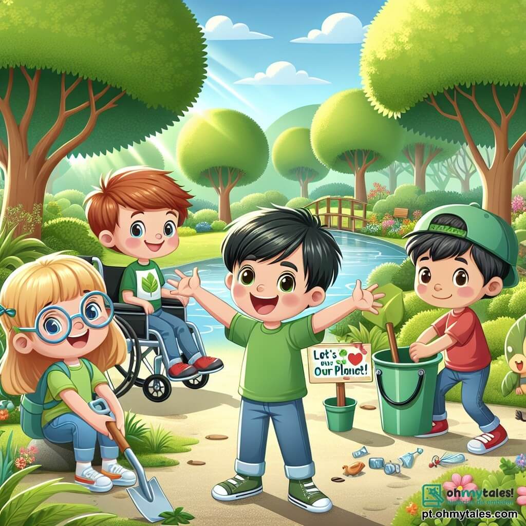 Em um parque verdejante, quatro amigos estão juntos. Lucas, um menino de 10 anos em cadeira de rodas, tem cabelos castanhos e usa uma camiseta verde. Ele sorri entusiasmado, segurando um cartaz escrito "Protejamos nosso planeta!" Ana, uma menina de 9 anos com cabelos loiros e óculos, está ao lado dele, levantando os braços para o ar, cheia de energia. Pedro, um menino de 10 anos com cabelos negros e camiseta vermelha, está agachado pegando lixo, com uma expressão determinada no rosto. Por fim, Sofia, uma menina de 9 anos com cabelos castanhos e um boné, está atrás deles, segurando uma pequena pá e uma planta para replantar, pronta para ajudar. O parque é cheio de árvores majestosas com folhas verdes brilhantes, e uma pequena lagoa de água clara no centro, onde patos nadam pacificamente. Flores coloridas bordejam os caminhos, e o céu é de um azul brilhante, iluminado por um suave sol. Os amigos trabalham juntos para limpar o parque, recolhendo lixo e plantando árvores, enquanto conversam alegremente sobre a importância de proteger o meio ambiente.