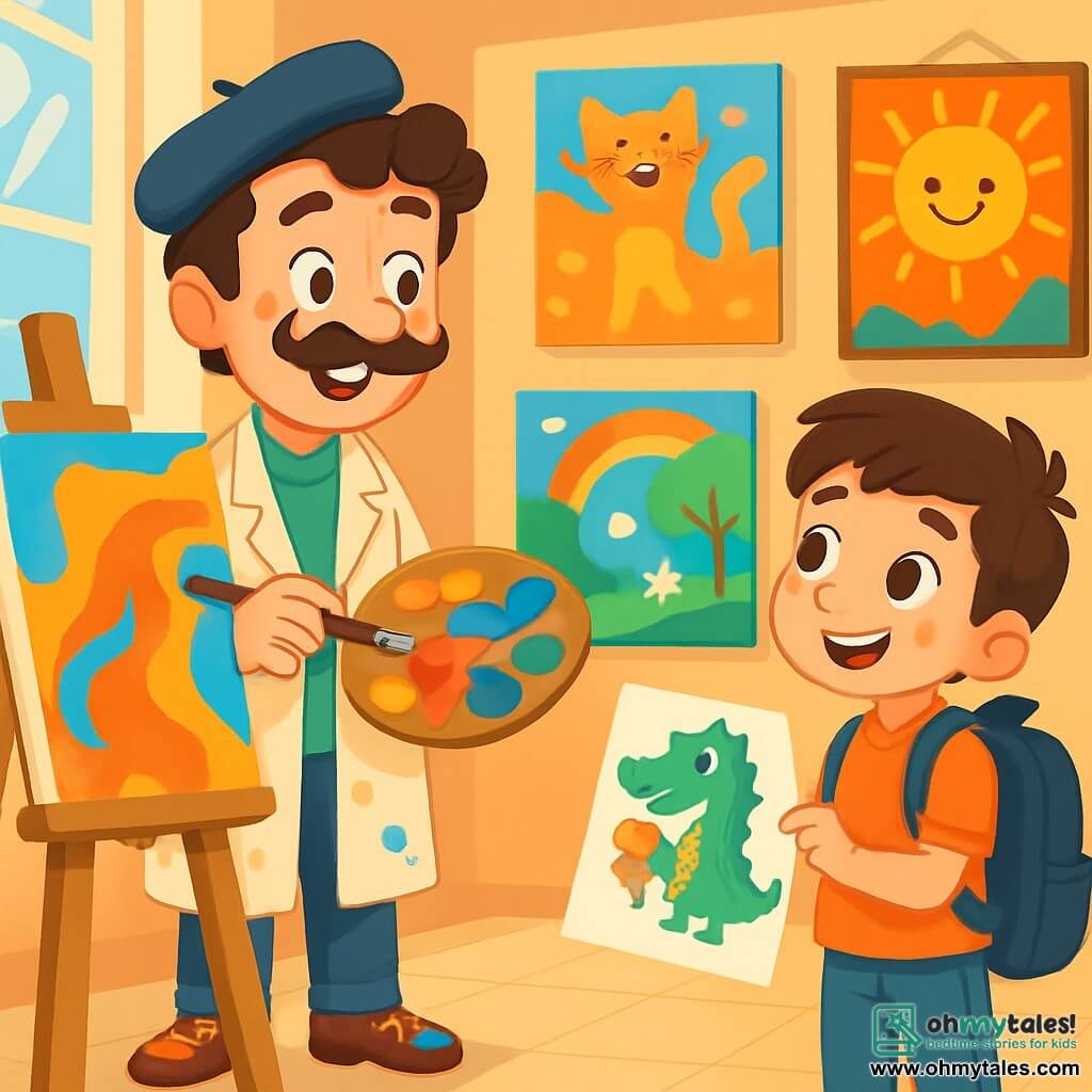 An artist with curly mustache and paint-splattered shoes, smiling with sparkling eyes, stands in front of a large easel. He mixes bright colors on his palette, surrounded by colorful canvases. Next to him, an 8-year-old boy with big brown eyes and an oversized backpack watches in awe as he draws a green dragon with an ice cream cone on a piece of paper. The studio is bright, with large windows letting in sunlight, and the walls are covered with vibrant paintings: dancing cats, smiling suns, and fairy-tale landscapes. The main scene shows the artist and the boy sharing a creative moment, laughing together and discovering the magic of art, surrounded by vivid colors and a joyful atmosphere.