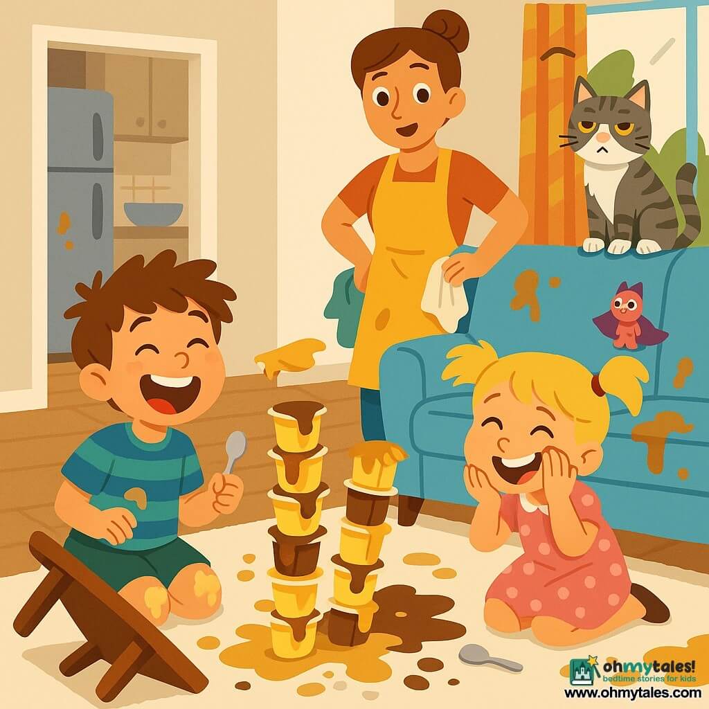 Four characters: Max, a boy with tousled brown hair in a blue-and-green striped shirt, pudding-smudged knees holding a small spoon and laughing at an overturned pudding tower to his right; Lily, a blonde girl in pigtails and a pink polka-dot dress, crouched left of Max with pudding-sticky hands, eyes sparkling and laughing while covering her face; Mom, about 35, chestnut hair in a bun, wearing a yellow apron, half-amused, half-surprised, standing behind the sofa with one hand on her hip and a cloth in the other; Whiskers, a gray-and-white tabby cat with pudding-covered paws and drippy whiskers, perched on the sofa back near a small pink toy (Captain Fuzz) with a cape, looking indifferent. Setting: a bright family living room with a light-blue pudding-stained sofa, a cream-splotched rug, an overturned light-wood coffee table, striped curtains, and an open kitchen in the background with a silver fridge and an empty mixing bowl on the counter. Main situation: an overturned tower of pudding pots creating a colorful, messy scene—yellow and chocolate pudding splattered everywhere, stains on clothes and sofa, scattered spoon bits and lids—dynamic, warm, comedic chaos centered on cute, colorful disorder.
