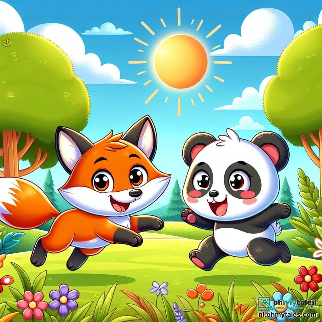 Een kleine vos met een heldere oranje vacht, grote nieuwsgierige ogen en een blije glimlach, rent door een zonnige open plek, zijn lichte pootjes raken het groene gras. Naast hem probeert een schattige panda met zwart-witte vacht, ronde zachte ogen en lichtroze wangen van opwinding hem te vangen. De open plek is omringd door majestueuze bomen met stralend groene bladeren en kleurrijke bloemen versieren de grond, wat een vleugje magie aan de omgeving toevoegt. Op de achtergrond is de lucht helderblauw met enkele donzige witte wolken, en de zon schijnt warm, waardoor een vrolijke en gastvrije sfeer ontstaat. De hoofdscène toont de vos en de panda die samen een spelletje tikkertje spelen, wat de vriendschap en tolerantie tussen vrienden van verschillende culturen symboliseert, terwijl ze hun verschillen vieren en plezier hebben in de natuur.