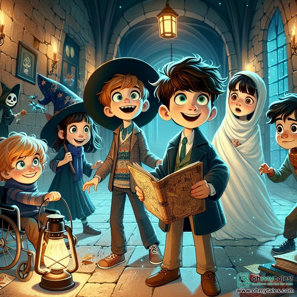 In an old haunted house, five friends stand together in a dark and mysterious hallway. Tom, a 12-year-old boy with messy brown hair and a pirate hat, is at the center, holding an old map with an excited smile. Lucy, an 11-year-old girl dressed as a witch in a black dress and pointed hat, stands to his right, holding a small broom and looking around curiously. Sam, a 12-year-old boy in a wheelchair, wears a blue wizard robe and has a spark of magic in his eyes, standing to Tom's left while illuminating the hallway with a pumpkin-shaped lamp. Alex, an 11-year-old boy dressed in a white sheet as a ghost, floats slightly behind them, his eyes wide with wonder. Ben, a 12-year-old boy in a vampire costume with a black cape, stands a bit back, watching with a mix of nervousness and excitement. The hallway is dark, with stone walls covered in cobwebs and old portraits whose eyes seem to follow the children. An ajar door at the end of the hallway emits a mysterious glow, while a gust of wind makes the candles flicker, creating a spooky yet fascinating atmosphere. The friends are preparing to enter the mysterious room, hoping to discover forgotten secrets and perhaps even meet a friendly ghost.