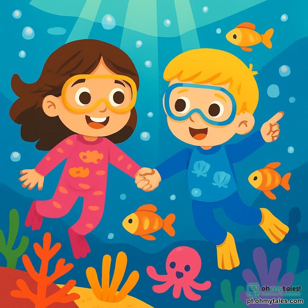 Há 2 personagens principais: - Luna: uma menina de 7 anos com longos cabelos castanhos e olhos brilhantes. Ela usa um traje de mergulho rosa com estampas de peixes. Luna está sorrindo, encantada com as criaturas marinhas ao seu redor. - Caio: um menino de 7 anos com cabelos curtos e loiros. Ele veste um traje de mergulho azul decorado com conchas. Caio está apontando para um peixe colorido que nada perto deles. Os dois amigos estão de mãos dadas, flutuando alegremente debaixo d'água, cercados por bolhas cintilantes. O cenário principal é um lindo recife de corais, cheio de corais vibrantes: vermelhos, laranjas e roxos. Peixes de cores brilhantes nadam ao redor deles, enquanto raios de luz filtram pela superfície da água, criando um espetáculo mágico. A história mostra Luna e Caio descobrindo um mundo subaquático mágico, onde exploram criaturas marinhas amigáveis e paisagens subaquáticas encantadoras, prontos para uma grande aventura.