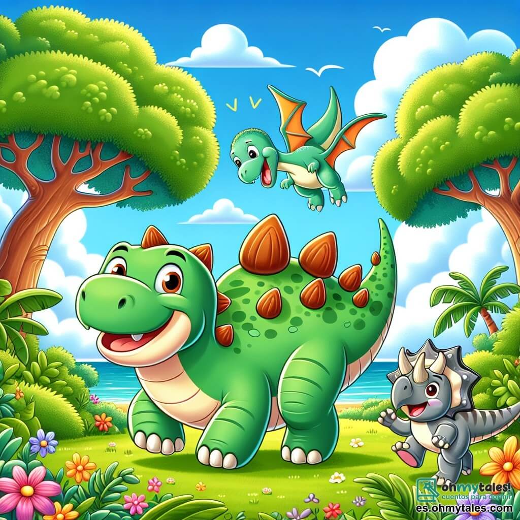 Un estegosaurio llamado Estego, con su piel verde y sus placas en forma de escudos en la espalda, muestra una gran sonrisa alegre mientras juega en un campo soleado. A su lado, un triceratops llamado Trixie, con sus tres cuernos y su piel gris, salta de alegría, mientras que un velociraptor llamado Rapi, rápido y ágil, corre a su alrededor con un aire juguetón. El escenario es una isla mágica, llena de árboles gigantes con hojas exuberantes y flores de colores brillantes, bajo un cielo azul salpicado de nubes blancas y esponjosas. La escena muestra a Estego, Trixie y Rapi jugando a las escondidas, con Estego escondiéndose detrás de un gran árbol mientras Rapi cuenta alegremente.