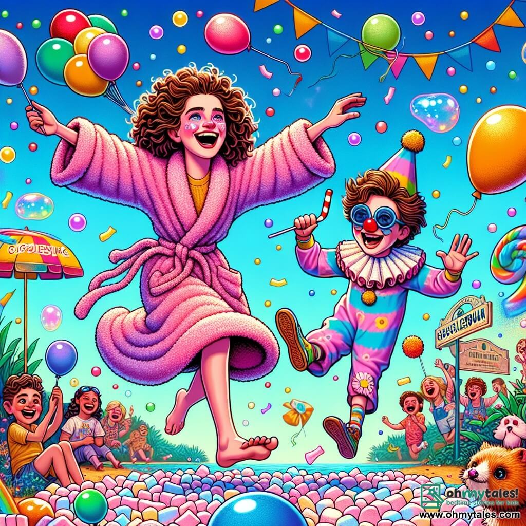 In the center of the image, Bubbles, a young woman with curly, colorful hair, wears a pink swimsuit that floats around her like a cape. She has a big smile on her face, her eyes sparkling with joy as she dances in the air, surrounded by colorful bubbles. Next to her, Chuckles, a 10-year-old boy with messy hair and a red clown nose, wears clown shoes shaped like flamingos. He is laughing loudly, sliding on the marshmallow-covered ground with his arms spread out as if flying. In the background, Gigglesburg Park is filled with bright colors: balloons float in the blue sky, children laugh and play, and a large sign reads "Pet Parade." Confetti falls like a rain of colors, adding to the festive atmosphere. The scene shows Bubbles and Chuckles dancing and having fun while balloons float around them, creating a joyful and playful ambiance.