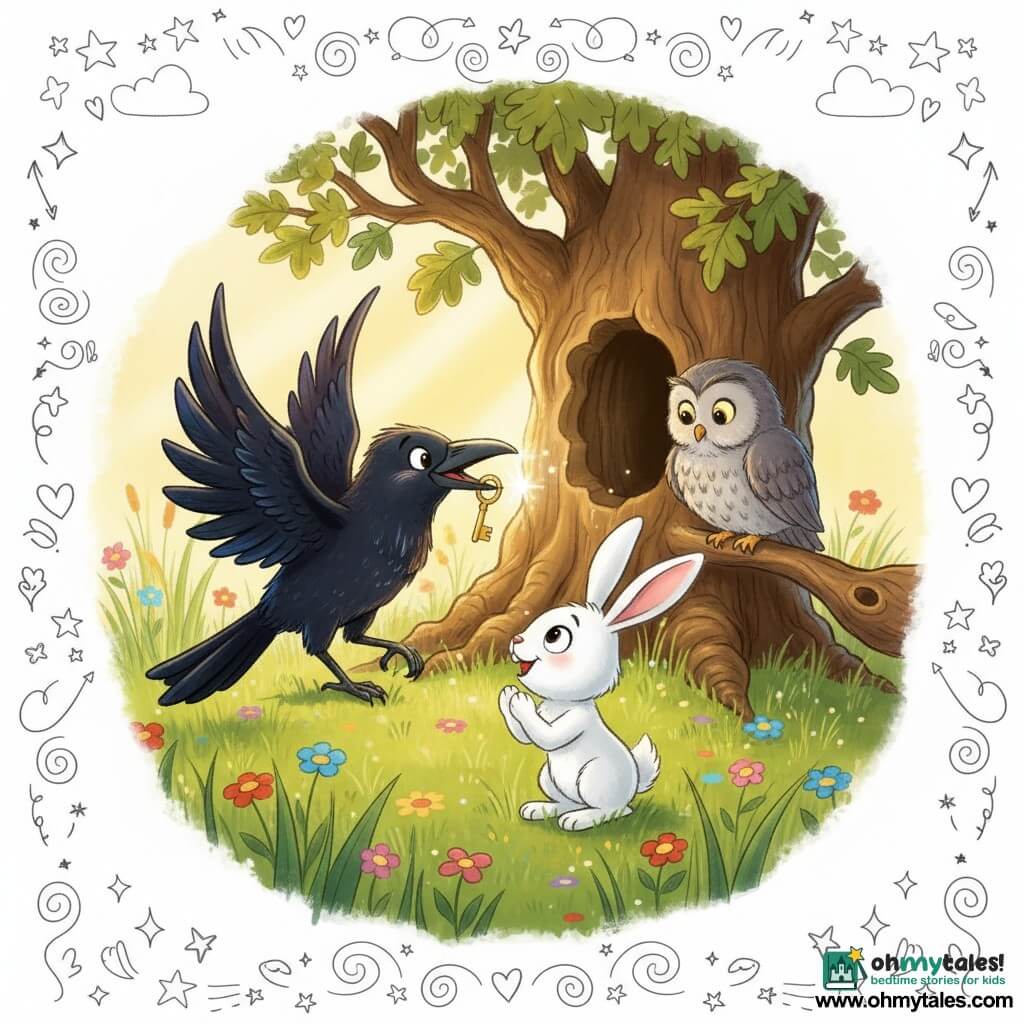 A joyful, curious crow with slightly spread wings and glossy black feathers with a bluish sheen holds a small shiny golden key in its beak; beside it Benny, a white rabbit with round excited eyes and ears up, front paws on the grass, looks at the key; Lucy, an elderly gray owl with fluffy feathers and a wise expression, perches on a low branch watching; setting: a sunny meadow of tall green grass and colorful flowers with a large ancient oak with a gnarled hollow trunk lit by soft sun rays; main scene: the crow presents the key before the old oak while the rabbit applauds and the owl observes, warm, wondrous atmosphere, vivid colors, soft outlines, hand-drawn textures.