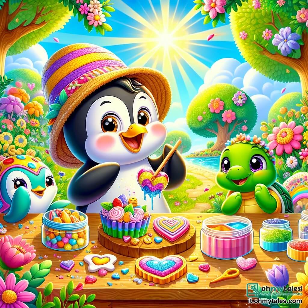 Al centro dell'immagine, un piccolo pinguino di nome Pinguino Pasticcione, con un cappello a righe colorate e un ampio sorriso, sta preparando dolcetti a forma di cuore su un tavolo di legno, circondato dai suoi amici. Alla sua destra, una stella marina di nome Stella, con braccia colorate e occhi scintillanti, lo osserva con entusiasmo, tenendo un barattolo di glitter brillanti. A sinistra, una piccola tartaruga di nome Tarta, con un guscio verde e occhi dolci, sorride timidamente guardando i dolcetti, felice di essere inclusa. Il contesto è un parco soleggiato, pieno di fiori colorati e alberi maestosi, con una grande fontana scintillante sullo sfondo. La scena principale mostra Pinguino e i suoi amici mentre preparano una grande festa di San Valentino, divertendosi a creare dolci e a celebrare l'amicizia, circondati da risate e colori vivaci.