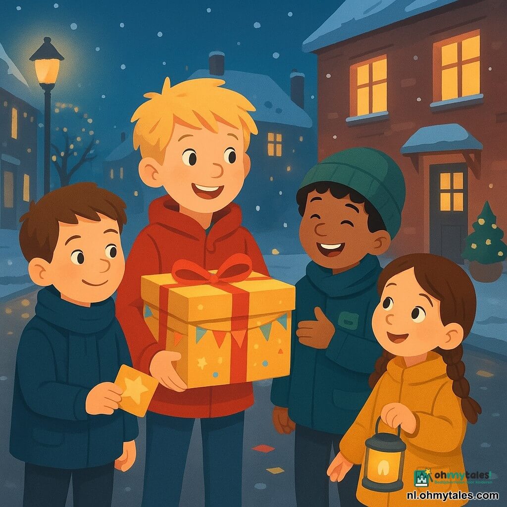 Vier kinderen: Finn (8) met warrig blond haar en rode jas houdt een grote glinsterende doos en lacht; Bram (8) met kort kastanjebruin haar en marine sjaal schudt Finns hand en houdt een klein sterrendoosje; Sam (8) met krullend zwart haar en groene muts lacht met een hand in zijn zak en een kaart op zijn jas; Noor (5) met twee bruine vlechten en mosterdgele jas houdt een klein lantaarnpotje en kijkt naar de doos. Locatie: een buurtstraat bij schemering met besneeuwde daken, zachte lantaarns en lichtslingers, nat trottoir dat de lampen weerspiegelt en een warm verlichte keukenramen. Situatie: rond middernacht delen de kinderen kaarten en kleine cadeaus uit de fonkelende doos die licht stuift, kleurrijk papier en sterren zweven, blije gezichten en een warme, zachte sfeer.