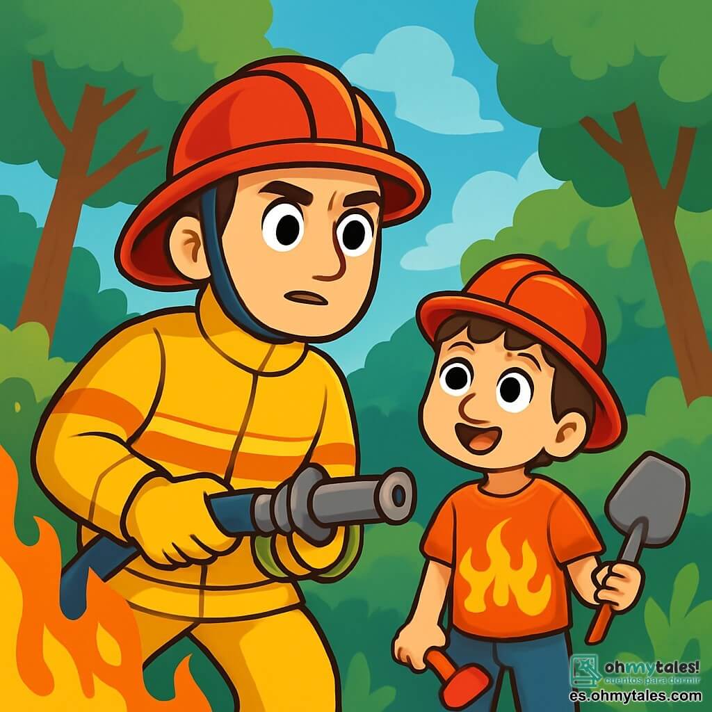 Un bombero hombre, de unos treinta años, con un casco rojo brillante y un uniforme amarillo vivo, se encuentra valientemente frente a un incendio forestal, su rostro marcado por la concentración y la determinación. Sus ojos son grandes y alertas, y empuña una manguera, listo para apagar las llamas. A su lado, un niño de 8 años, Diego, lleva un pequeño casco de bombero de plástico y una camiseta con motivos de llamas. Mira con admiración al bombero, con los ojos abiertos de emoción, mientras sostiene una pequeña pala de plástico. El lugar es un bosque verde, con árboles majestuosos rodeando una zona donde la vegetación arde, creando una atmósfera dramática y cautivadora. Nubes de humo se elevan en el aire azul, contrastando con el verde de los árboles. La situación principal muestra al bombero en acción, luchando contra las llamas que bailan y crepitan, mientras Diego observa con asombro y respeto, soñando con convertirse en un héroe como él.