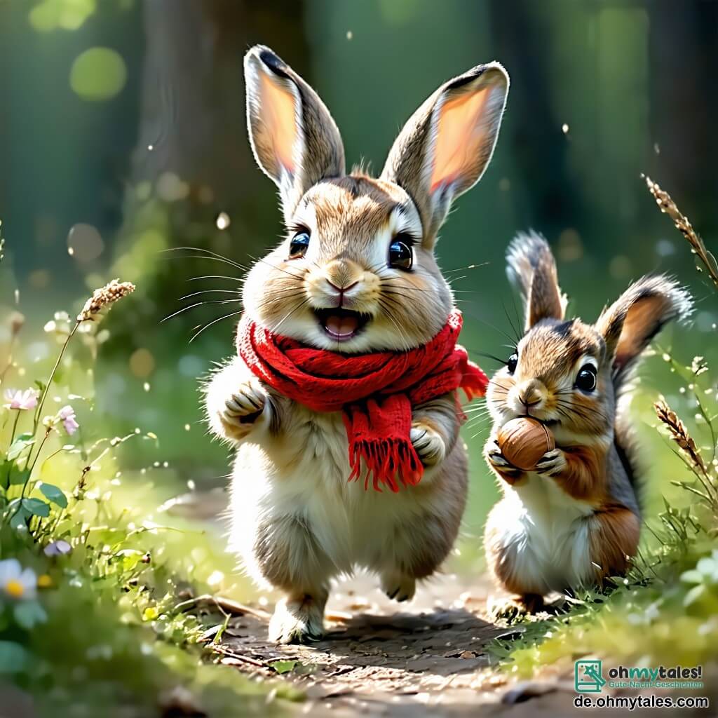 Hopsi, ein kleiner Hase mit großen Ohren und funkelnden Augen, springt fröhlich in der Mitte des Bildes mit einem breiten Lächeln. Sein weiches, braunes Fell und der rote Schal, der hinter ihm weht, verleihen ihm einen lebhaften Ausdruck. Neben ihm hält ein fröhliches, rotpelziges Eichhörnchen mit einem buschigen Schwanz eine Nuss in seinen Pfoten und lacht Hopsi an. Ein weiser, brauner Uhu sitzt auf einem Ast und beobachtet die Szene mit einem amüsierten Blick, seine großen, runden Augen strahlen Intelligenz aus. Die Szene spielt in einem verzauberten Wald, wo zarte Schneeflocken sanft von majestätischen Bäumen fallen, die mit einem weißen Mantel bedeckt sind. Funkelnde Lichter schmücken die Äste und schaffen eine warme, festliche Atmosphäre. Hopsi und seine Freunde bereiten einen wunderschönen Weihnachtsbaum vor, den sie gerade ausgegraben haben, umgeben von bunten Girlanden und glitzerndem Schmuck. Die Aufregung und der Zauber von Weihnachten erfüllen die Luft, während sie zusammen lachen und singen, bereit, ihre Freundschaft zu feiern.