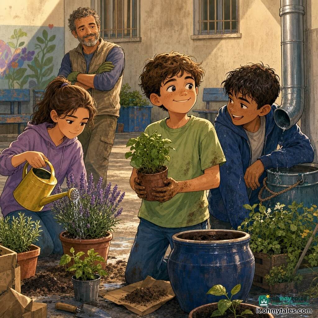 Un ragazzo di 12 anni, Tommaso, viso rotondo con lentiggini sul naso, sorridente e fiero, mani un po' sporche di terra, tiene una piccola pianta in vaso vicino a un grande vaso blu; indossa una maglietta verde chiaro e jeans, postura eretta, sguardo luminoso. Un altro ragazzo di circa 12 anni, Karim, capelli castani bagnati e espressione maliziosa, con la manica ancora umida, ride accanto al secchio d'acqua piovana, chino verso Tommaso. Una ragazza di circa 12 anni, Martina, capelli castani legati in coda, sguardo concentrato e calmo, tiene un annaffiatoio giallo e versa delicatamente acqua su delle lavande in vaso, in piedi a sinistra dei due ragazzi. Un uomo adulto, il signor Gino, circa 50 anni, barba brizzolata, sorriso discreto e atteggiamento supervisore, sta sullo sfondo con guanti da giardinaggio appoggiato a un muro. La scena si svolge nel cortile interno di una scuola con pavimento in cemento chiaro, muri grigi e finestre con sbarre, due panchine usurate, una grondaia metallica con un secchio attaccato, bidoni blu, piccoli cumuli di terra e attrezzi su cartoni; si vedono terra umida, foglie verdi vive, schizzi d'acqua, etichette di carta sui vasi, luce dorata del tardo pomeriggio e colori caldi e pastello.