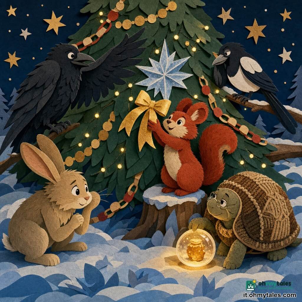 Pippo, un piccolo scoiattolo rosso dal pelo soffice e grandi orecchie tonde, sorride meravigliato tenendo tra le zampe un fiocco dorato al centro dell’immagine, in piedi su una zampa di neve; Mina, una lepre dalle lunghe orecchie beige, è accovacciata a sinistra con gli occhi lucidi pronta a proteggerlo; Ada, una vecchia tartaruga con carapace a motivi lavorati, è a destra, calma e saggia vicino a una piccola sfera di vetro che emette una luce color miele; Nero, un corvo nero dalle piume a strati netti, vola sopra osservando fiero, e Zitta, una gazza bianca e nera, è appollaiata su un ramo basso del grande abete decorato con ghirlande e luci; la scena si svolge di notte in una grande radura innevata dalla neve bluastra con stelle di carta sul cielo scuro, mentre il gruppo si raduna attorno all’albero e Pippo lega delicatamente il fiocco accanto a una stella di ghiaccio, atmosfera solenne e tenera; stile grafico a texture di carta goffrata, ritagli netti e strati sovrapposti, ombre morbide, palette calda di dorati, rossi e bruni in contrasto con i blu freddi della neve.