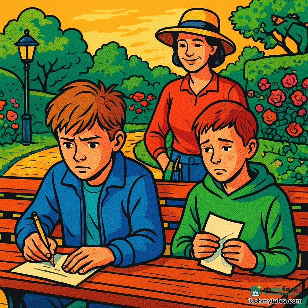 Elio, ragazzo di 12 anni, sguardo preoccupato ma determinato, capelli castano chiaro arruffati, giacca blu, seduto su una panchina di legno che scrive lentamente una lettera con una matita stretta tra le dita; Nadir, circa 13 anni, alto e magro, volto arrossato, felpa verde, tiene il foglio piegato, spalle basse, seduto accanto a Elio, sguardo sfuggente ma sollevato; Ada, donna sui 40, piccola, cappello di paglia e forbici da giardino alla cintura, sorride dolcemente osservandoli da un viale fiorito dietro la panchina; luogo: Giardino dei Limiti Gentili con siepi sagomate, lanterna di metallo appesa a un ramo, aiuole di rose rosa e rosse, sentiero lastricato e edera su un muretto in pietra; scena: i due ragazzi che scrivono insieme una lettera di scuse sulla panchina, luce calda e dorata del tardo pomeriggio, atmosfera intima e speranzosa, composizione grafica netta, colori saturi e campiture pop art.