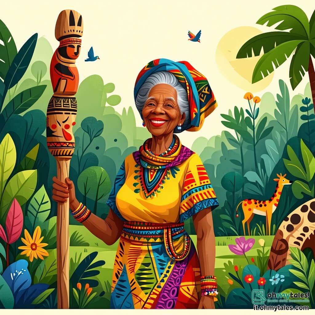 Nana Amina, una donna di circa 60 anni, si trova al centro della scena con un ampio sorriso caloroso sul volto. Indossa un vestito colorato decorato con motivi africani vivaci e un foulard annodato sulla testa, mentre tiene un bastone di legno intagliato, che rappresenta animali e piante. I suoi occhi brillano di saggezza e benevolenza mentre guarda intorno a sé con meraviglia. Accanto a lei, un ragazzo di 8 anni, con capelli crespi e occhi pieni di curiosità, osserva attentamente. Indossa una maglietta semplice e pantaloni corti di tessuto leggero, e sembra affascinato dalla storia che racconta Nana Amina, tenendosi vicino a lei con le mani incrociate dietro la schiena. Lo sfondo è un magnifico Bosco Incantato, pieno di alberi maestosi con tronchi larghi e foglie verdi brillanti. I raggi di sole filtrano tra il fogliame, illuminando il terreno coperto di fiori colorati e felci lussureggianti. In lontananza, si intravede un ruscello scintillante che serpeggia attraverso la foresta, aggiungendo un tocco di magia all'ambiente. La scena principale mostra Nana Amina che racconta una storia coinvolgente ai bambini raccolti attorno a lei, trasmettendo la saggezza degli antenati e l'importanza della giustizia e della solidarietà, incoraggiandoli ad ascoltare la voce della natura.
