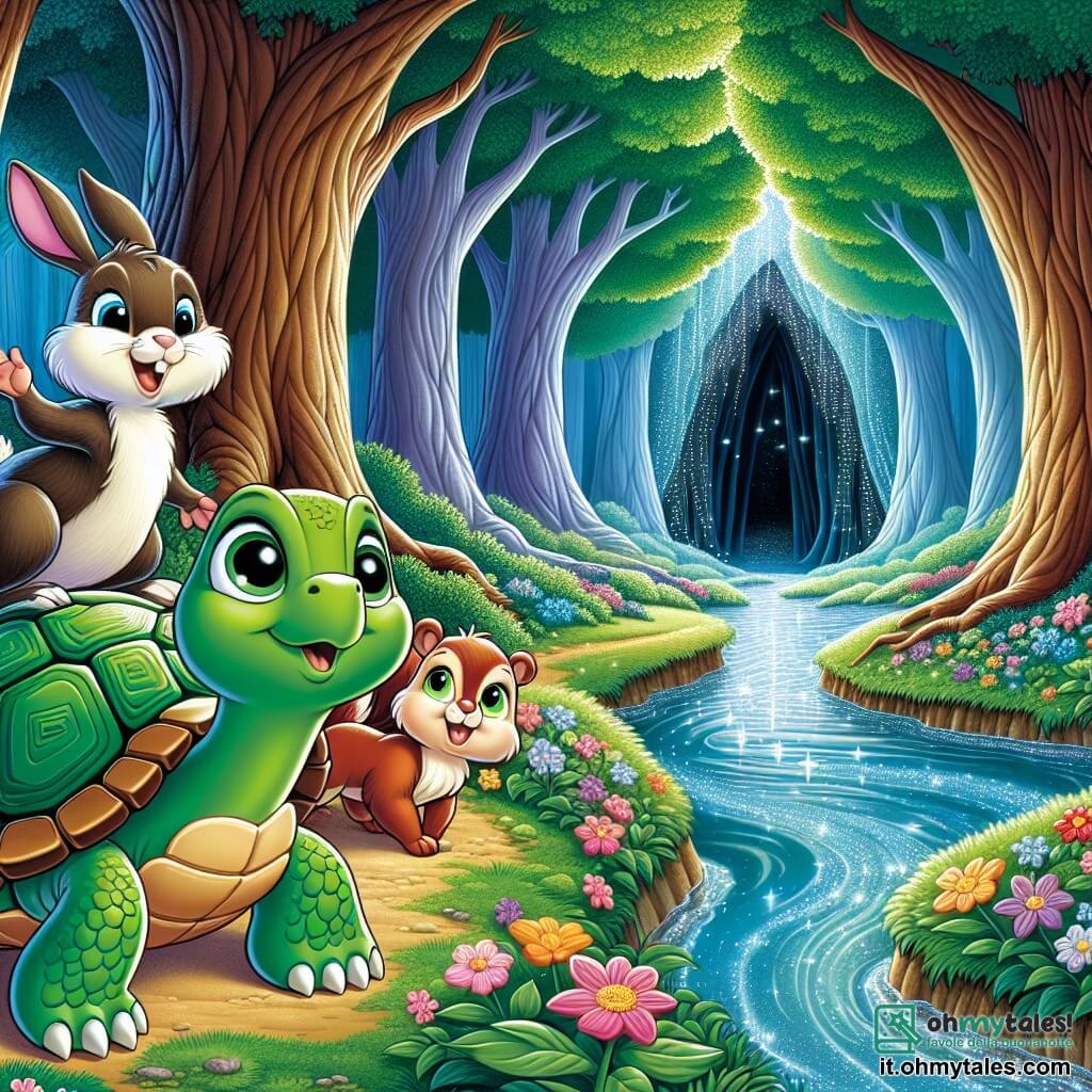 Una tartaruga di nome Timmy, con un bel guscio verde brillante e occhi curiosi che brillano di eccitazione, si trova al centro della scena, sorridendo con aria determinata mentre guarda verso l'ingresso di una grotta misteriosa. Accanto a lei, un piccolo scoiattolo di nome Sammy, con il pelo rosso e occhi scintillanti, salta con entusiasmo, agitando le sue piccole zampe come se fosse pronto a partire per un'avventura. Un po' più in là, una lepre di nome Lila, con un pelo morbido e orecchie lunghe, è pronta a saltare, mostrando un sorriso gioioso e impaziente. Lo scenario è una foresta incantata, con alberi maestosi dalle foglie verdi brillanti, fiori colorati che danzano nel vento e un ruscello scintillante che serpeggia attraverso il terreno, portando all'ingresso della grotta scura e misteriosa. La situazione principale mostra Timmy e i suoi amici, riuniti davanti alla grotta, pronti ad affrontare le sfide che li attendono all'interno, con un palpabile senso di avventura e amicizia nell'aria.