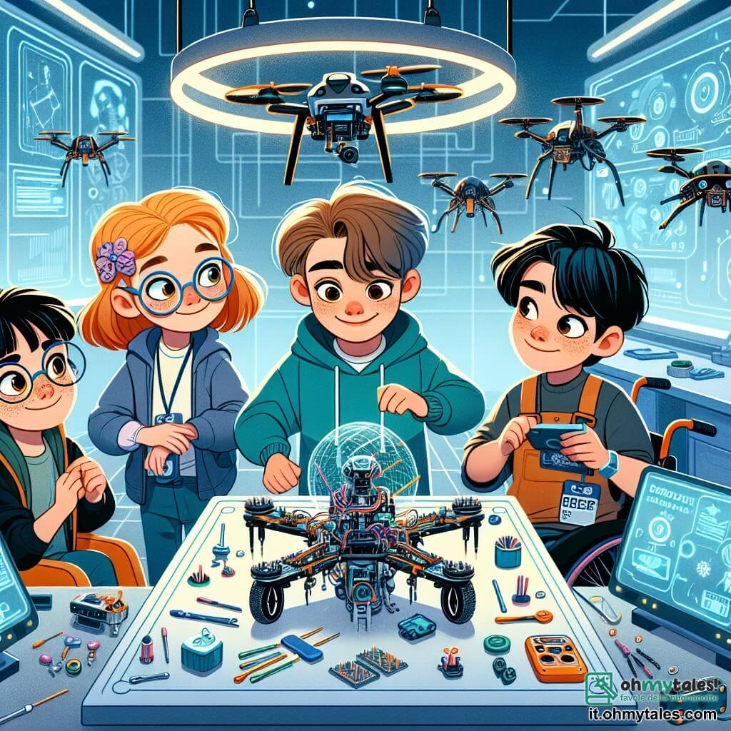 In un laboratorio futuristico, quattro bambini sono riuniti attorno a un tavolo di lavoro. Leo, un ragazzo di 12 anni con capelli castani e occhi brillanti, è piegato su un drone che assembla con entusiasmo. A destra c'è Sara, una ragazza di 11 anni con capelli rossi e occhiali tondi, che osserva attentamente uno schermo olografico con istruzioni. Marco, un ragazzo di 12 anni con capelli neri e pelle scura, è a sinistra, con un motore di drone in mano e un sorriso orgoglioso. Infine, Anna, una ragazza di 11 anni in sedia a rotelle, è al centro, con un grande sorriso, pronta a programmare il robot che ha progettato. Il laboratorio è pieno di componenti elettronici colorati, luci lampeggianti e droni che volano in cerchio sopra di loro. La scena principale mostra i bambini in piena collaborazione, ognuno con le proprie competenze uniche per costruire un drone che aiuterà gli altri, simboleggiando lo spirito di squadra e la creatività.