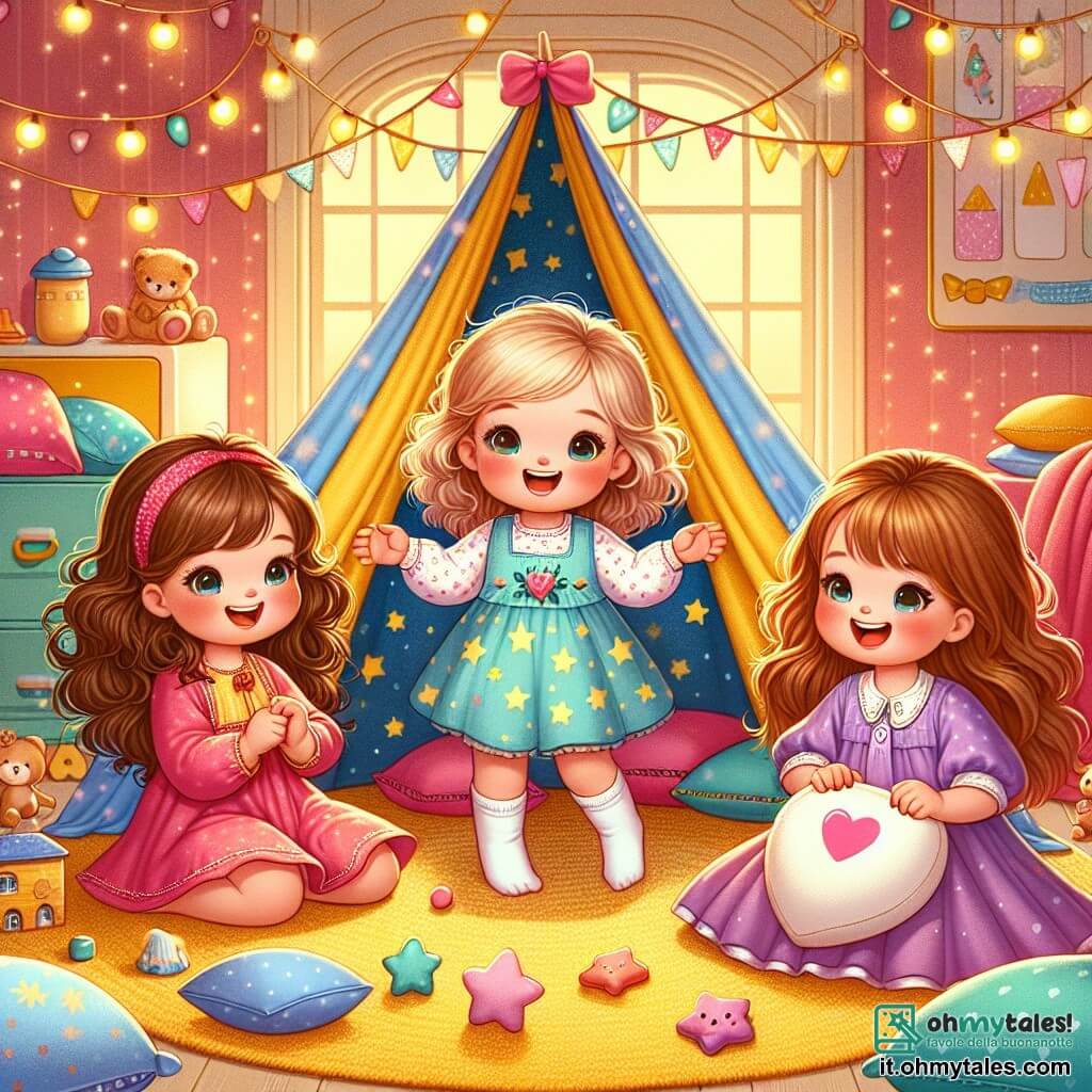 In un salotto accogliente, tre bambine di tre anni sono riunite. **Chiara**, una ragazza con capelli castani e ricci, indossa un vestito rosa con stelle, seduta al centro, sorridente, circondata dalle sue amiche. **Anna**, una ragazza con capelli biondi e lisci, è alla sua destra, vestita con una tunica blu, alza le braccia in aria con entusiasmo. **Sofia**, una ragazza con capelli castano ondulati, è a sinistra, indossa un vestito viola, tiene un cuscino a forma di cuore e ride gioiosamente. Il salotto è decorato con colori vivaci, con pareti dipinte di giallo e festoni di luci scintillanti appesi al soffitto. Una grande tenda fatta di coperte colorate è installata al centro, circondata da cuscini morbidi e giocattoli sparsi intorno a loro, creando un'atmosfera magica e accogliente. Le tre amiche giocano insieme nella loro casa colorata, immaginando di essere personaggi fantastici: una principessa, un cavaliere e un dottore magico, condividendo risate e storie, sostenendosi a vicenda nella loro avventura.