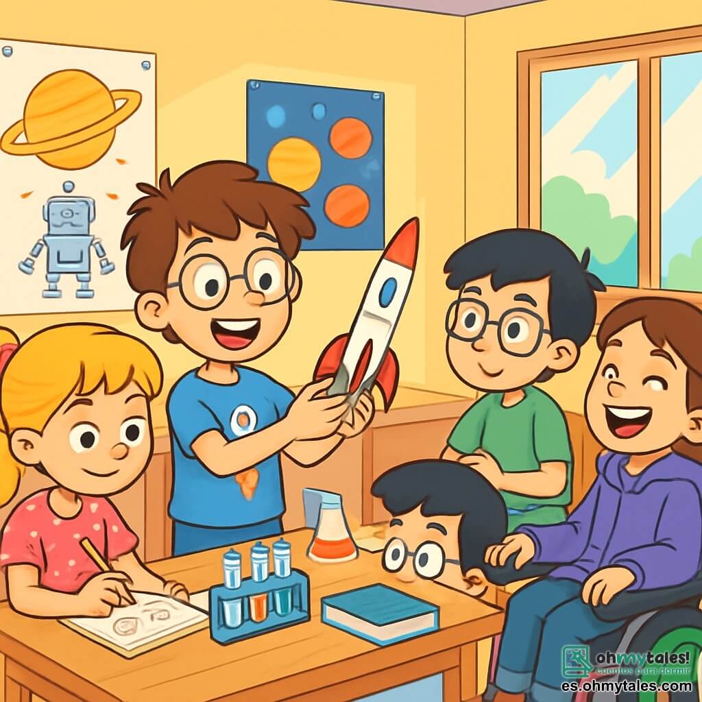 Hay 4 niños: - Lucas: Un niño de 10 años, con cabello castaño desordenado y gafas redondas. Lleva una camiseta azul con un dibujo de cohete y sostiene un modelo de cohete de plástico en sus manos. - Ana: Una niña de 10 años, con cabello largo y rubio, recogido en una coleta. Lleva un vestido rosa con lunares y sostiene una pequeña libreta en la que dibuja. - Diego: Un niño de 10 años, con cabello negro y gafas cuadradas. Lleva una camiseta verde y está sentado en una silla, mirando a Lucas con curiosidad. - Sara: Una niña de 10 años, con cabello castaño y una sonrisa brillante. Está en una silla de ruedas eléctrica, vestida con una sudadera morada, y se ríe alegremente mientras escucha a Lucas. Los niños están en un club de ciencias colorido, lleno de carteles de planetas y dibujos de robots en las paredes. Las mesas de madera están cubiertas de material científico: tubos de ensayo, libros abiertos y modelos de cohetes. La luz del sol entra por las grandes ventanas, iluminando la habitación y creando un ambiente alegre e inspirador. La situación principal muestra a Lucas, con una gran sonrisa, explicando su modelo de cohete a sus amigos, mientras Ana dibuja con entusiasmo, Diego escucha atentamente y Sara ríe, aportando un ambiente de camaradería y creatividad.