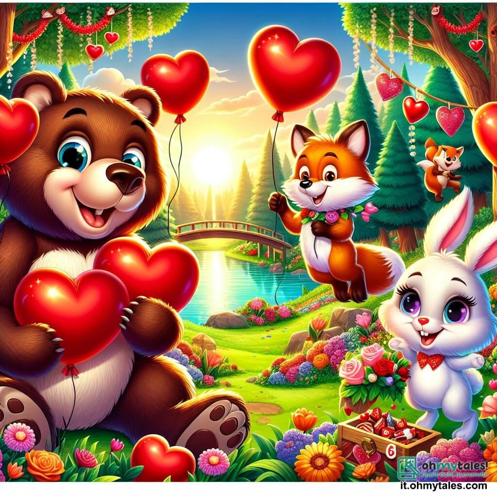 Un grande orso bruno dagli occhi scintillanti e dal sorriso caloroso si trova al centro della scena, circondato da palloncini rossi a forma di cuore, mentre prepara una festa di San Valentino. Alla sua destra, un piccolo coniglio bianco dalle grandi orecchie e dal pelo setoso, con un'aria gioiosa, tiene un festone colorato decorato con cuori. Alla sua sinistra, una volpe astuta con un pelo arancione vivace e occhi maliziosi sorride mentre appende ghirlande di fiori attorno a un albero. Lo sfondo è un parco verdeggiante, illuminato dalla luce dorata del sole al tramonto, con alberi maestosi, fiori brillanti e un piccolo stagno scintillante. La scena mostra l'orso e i suoi amici mentre preparano una caccia al tesoro, piena di risate e gioia, con cuori di cioccolato che brillano attorno a loro.