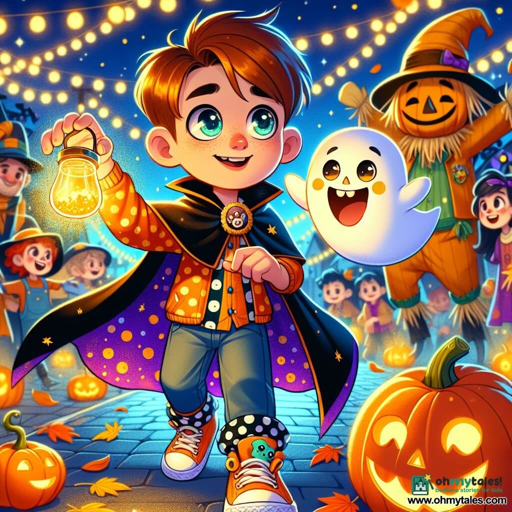 An 8-year-old boy, Leo, wears a flowing black cape and shiny orange sneakers. His face is lit up with excitement, his eyes sparkling with curiosity as he holds a small glass jar containing a golden light. Beside him, a little ghost named Boo, wearing polka dot socks, joyfully floats, his round friendly eyes displaying a smile. In the background, a friendly scarecrow with a straw hat and colorful jacket stands next to a large smiling pumpkin glowing in the Halloween night. The setting is a lively street decorated with twinkling lanterns and autumn leaves dancing in the wind, while children in costumes joyfully parade. The scene shows Leo and Boo discovering the golden light, ready to help the scarecrow regain his glow, surrounded by a festive and magical atmosphere.