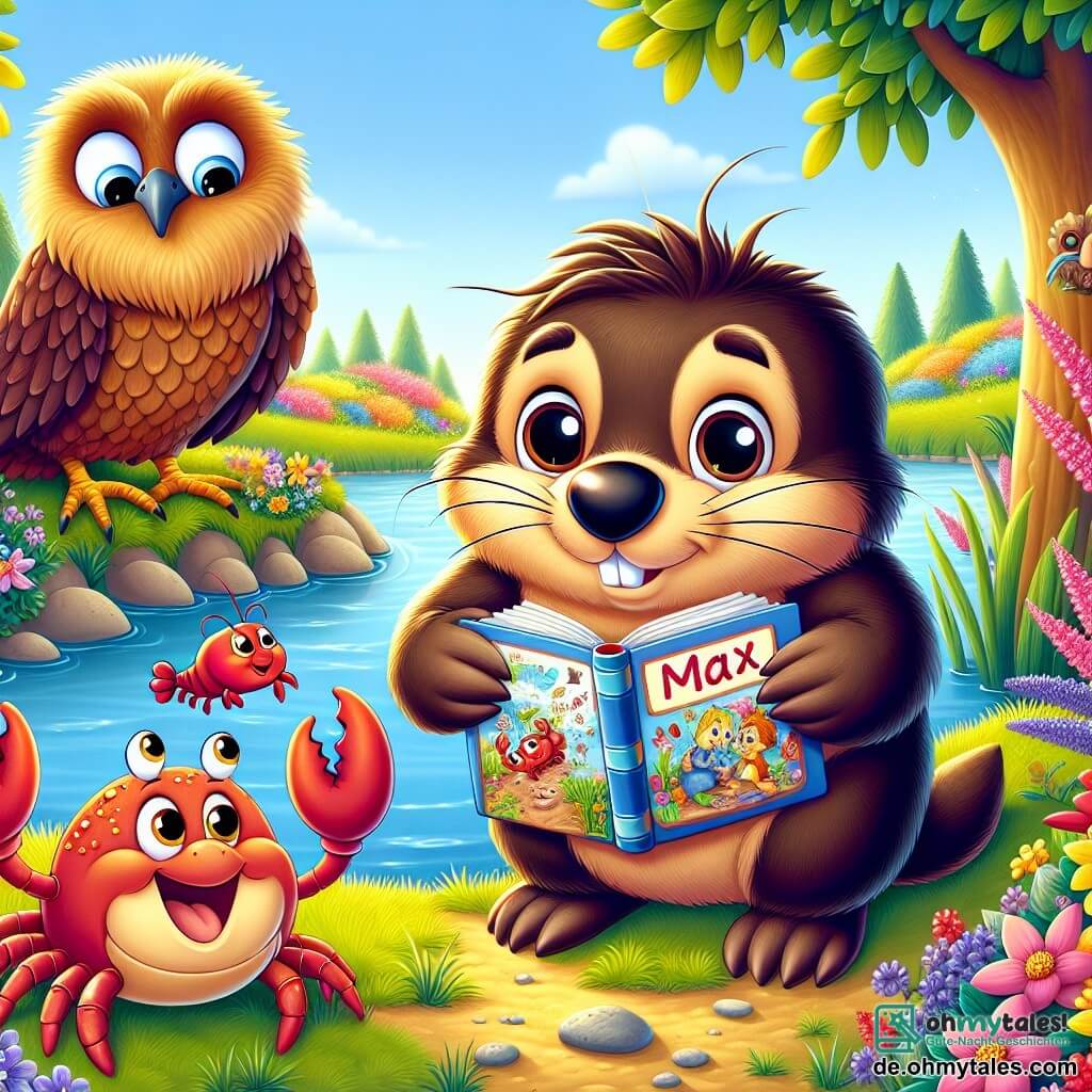 Max, ein kleiner Maulwurf mit weichem braunem Fell und großen neugierigen Augen, steht am Rand eines schönen Teiches, mit einem schüchternen Lächeln im Gesicht und hält ein buntes Buch voller Zeichnungen und Geschichten. Neben ihm hüpft eine fröhliche kleine Krebs, mit bunten Scheren und funkelnden Augen, vor Aufregung und teilt die Freude über das Buch. Ein wenig weiter entfernt beobachtet eine weise Eule mit goldenen Federn, die auf einem Ast sitzt, die Szene mit einem wohlwollenden Blick und ist bereit, Ratschläge zu geben. Der Ort ist ein wunderschöner sonniger Garten, gefüllt mit leuchtenden Blumen, majestätischen Bäumen und einem klaren blauen Himmel, der eine warme und einladende Atmosphäre schafft. Die Hauptsituation zeigt Max und seine Freunde, die Geschichten und Lachen teilen, ihre Freundschaft und gegenseitige Unterstützung in einem Moment der Freude und Entdeckung feiernd.