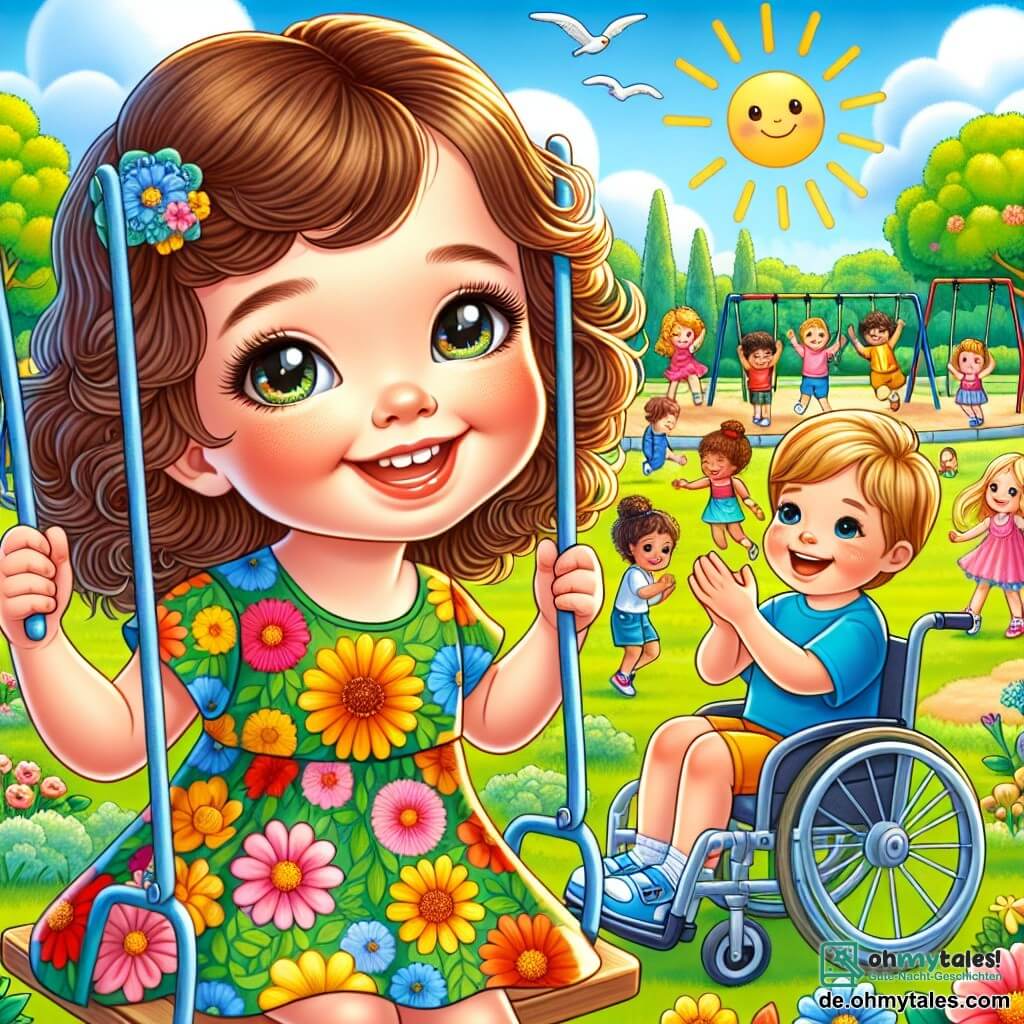 In einem sonnigen Park lächelt das 3-jährige Mädchen Lina mit lockigem braunem Haar und großen strahlenden Augen fröhlich, während sie auf einer Schaukel spielt. Sie trägt ein buntes Blumenkleid und ihre Wangen sind vor Aufregung rosig. Neben ihr sitzt Max, ein 5-jähriger Junge mit blondem Haar und einem warmen Lächeln, in seinem Rollstuhl. Er trägt ein blaues T-Shirt und Shorts und applaudiert begeistert Lina und den anderen Kindern, die um sie herum spielen. Der Park ist grün, mit majestätischen Bäumen, leuchtenden Blumen und Kindern, die auf Schaukeln und Rutschen lachen und spielen. Der Himmel ist strahlend blau, mit einigen flauschigen weißen Wolken. Die Hauptszene zeigt Lina und Max, die einen Moment der Freude teilen, umgeben von anderen Kindern, die sie ermutigen, gemeinsam zu spielen, und verdeutlicht so die Bedeutung von Freundschaft und Toleranz.
