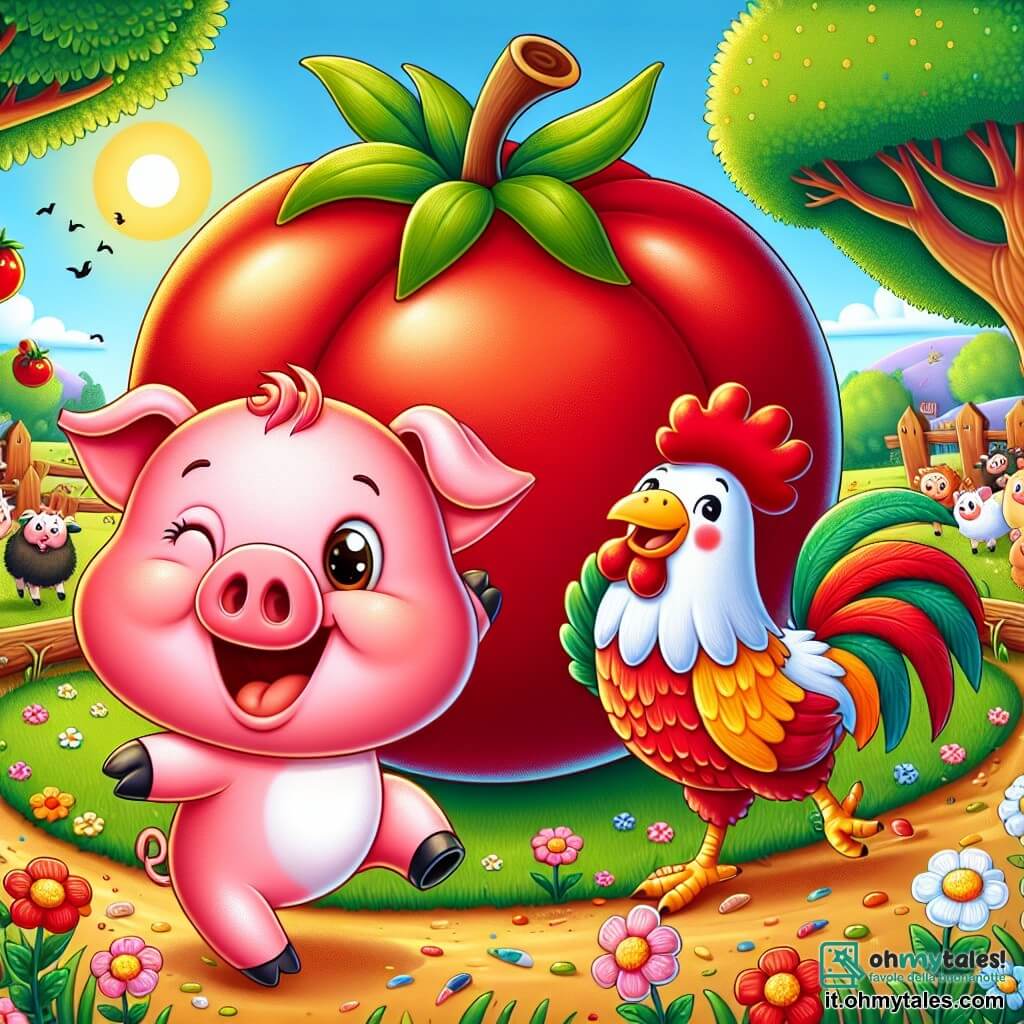 Un piccolo maialino di nome Pino, con un pelo rosa e guance rotonde, mostra un grande sorriso gioioso mentre salta intorno a un pomodoro gigante. I suoi occhi brillano di eccitazione e curiosità. Accanto a lui, un gallo colorato con piume rosse e dorate balla allegramente, cantando parole divertenti. Lo scenario si svolge in una fattoria soleggiata, con campi verdi, un grande albero frondoso sullo sfondo e fiori colorati che abbelliscono il terreno. In lontananza, si intravede un recinto con pecore che ridono e saltellano felici. La situazione principale mostra Pino e Gallo mentre celebrano la loro scoperta di un pomodoro gigante, circondati da risate e buonumore, creando un'atmosfera festosa e amichevole.