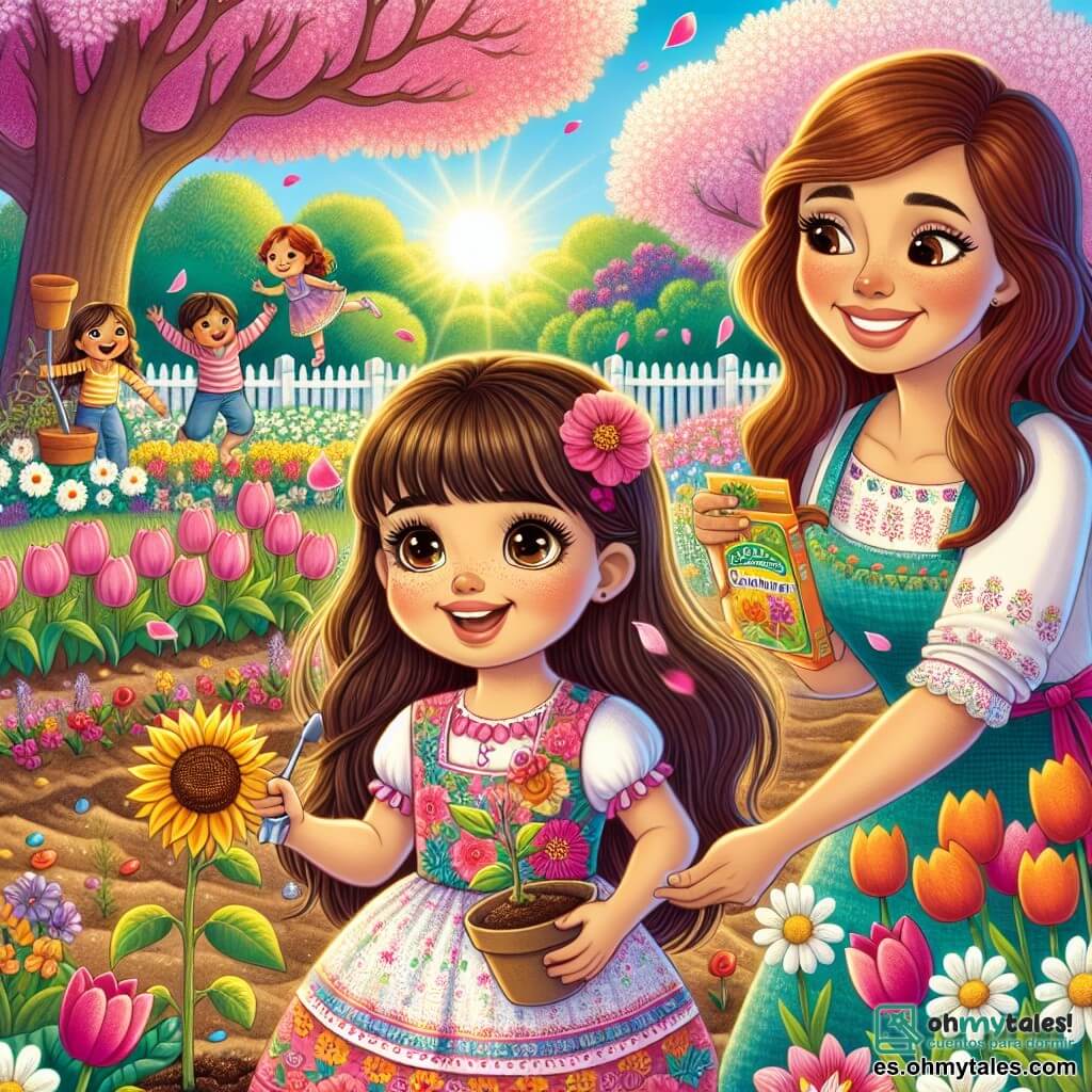 Una niña de 7 años, llamada Sofía, con largos cabellos castaños y ojos llenos de curiosidad, está en el centro del jardín. Lleva un vestido colorido con flores y sonríe alegremente, sosteniendo una pequeña pala de plástico, lista para plantar semillas. A su lado, su madre, una mujer de unos treinta años con cabello castaño y una sonrisa cálida, la anima mientras sostiene un paquete de semillas. El jardín está lleno de tulipanes y margaritas de colores vivos, y un gran cerezo en flor se alza al fondo, con sus pétalos rosas cayendo suavemente. El sol brilla en un cielo azul claro, creando una atmósfera alegre y primaveral. Sofía y su madre están plantando semillas de girasol, rodeadas de risas de niños que juegan y bailan, celebrando la belleza de la temporada.