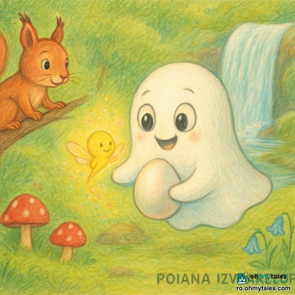 O fantomă mică numită Puf, veselă și uimită, plutind deasupra solului cu corp rotund și pal și ținând un ou sidefat la piept; din ou iese zburând un pui de lumină galben-auriu cu aripioare translucide care lasă o urmă de sclipici, iar o veveriță roșcată perchează pe o ramură la stânga privind scena; totul are loc în Poiana Izvoarelor, pe un covor de mușchi lângă o piatră udă și o cascadă argintie, în timp ce Puf zâmbește și întinde brațele pentru a primi mica creatură, într-o atmosferă caldă, pastelată, cu lumină blândă care scânteiază în picături.