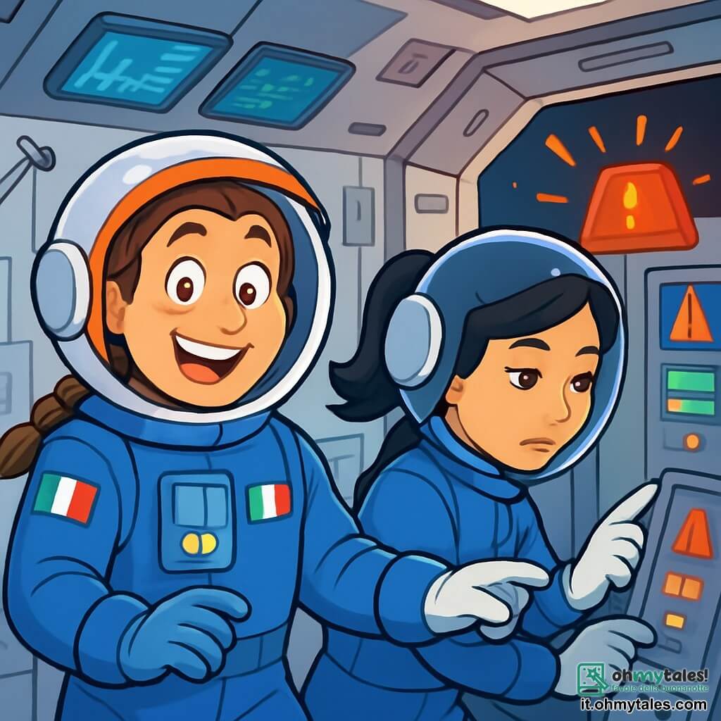 Un astronauta uomo, Marco, con una treccia di capelli castani sotto il casco, sfoggia un ampio sorriso e occhi brillanti di eccitazione. Indossa una tuta spaziale blu decorata con la bandiera italiana, che fluttua leggermente attorno a lui in assenza di gravità. Accanto a lui, un'astronauta donna, Yumi, di circa 30 anni, ha capelli neri e lisci raccolti in una coda di cavallo. Regola un pannello di controllo con un'espressione concentrata, stando vicino a Marco. Sullo sfondo si vede l'interno della stazione spaziale, con muri argentati e schermi luminosi che mostrano dati. Strumenti fluttuano attorno e una grande finestra offre una vista spettacolare della Terra, blu e verde, sottostante. La scena principale mostra Marco e Yumi che lavorano insieme per risolvere un problema tecnico, con luci lampeggianti e allarmi in sottofondo, illustrando l'urgenza e lo spirito di squadra nello spazio.