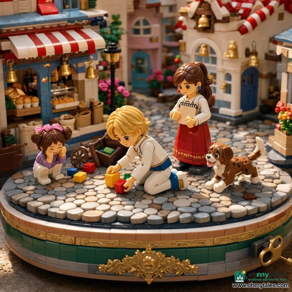 The main character is a small, tender boy prince with straw-blond hair in soft locks, sun-colored eyes and a gentle focused face; he kneels to pick up yellow and red painted wooden blocks, wearing white wool shoes with a small brass latch under the heel and a calm, kind expression. The second important character is Mira, about 10, a handy girl with brown hair in a ponytail and mismatched stud earrings; she stands just behind the prince holding a small sketchbook and watches with a mischievous smile. A timid six-year-old girl crouches by an overturned cart of colorful blocks, hands on her knees, crying a little but smiling; a freckled brown puppy runs near the cart with tongue out and tail up. The setting is a village street like a LEGO music box: cobbled round stones, pastel-painted wooden shopfronts, candy-stripe roofs, windows with small golden bells, and a bakery display with a flour sack and bread tray. The scene captures a quiet, brave moment as the prince gently kneels to gather the toys, the latch under his heel barely clicking, neighbors in miniature figurine windows watching and morning light gilding the bricks with soft shadows.