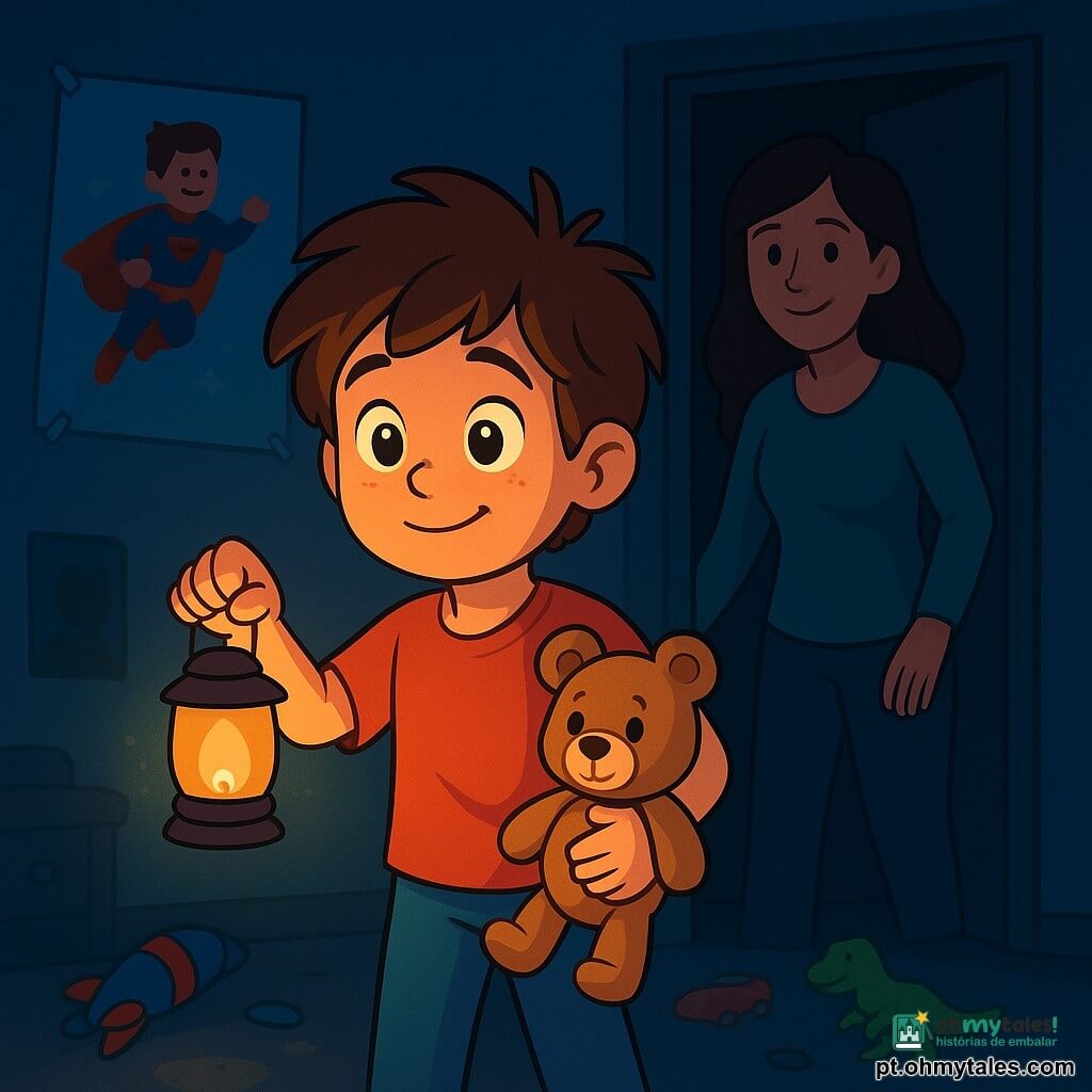 Um menino de 8 anos, com cabelos castanhos bagunçados e olhos brilhantes de curiosidade, está em seu quarto escuro, segurando uma pequena lanterna que ilumina seu rosto com uma luz suave e acolhedora. Ele tem um leve sorriso, mostrando que está um pouco nervoso, mas determinado a superar seu medo do escuro. Ao seu lado, seu urso de pelúcia, Tobias, está apertado contra seu coração, com um olhar amigável e reconfortante. Na sombra da porta, sua mãe, uma mulher na casa dos trinta anos com cabelos longos e castanhos, o observa com um sorriso gentil, pronta para oferecer apoio. Ela está ligeiramente recuada, criando uma atmosfera de segurança. O quarto é decorado com pôsteres coloridos de super-heróis e brinquedos espalhados pelo chão, mas a escuridão dos cantos cria uma atmosfera misteriosa. A luz da lanterna projeta sombras dançantes nas paredes, transformando o espaço em uma paisagem mágica. O menino, com uma expressão de coragem, explora seu ambiente, iluminando as sombras com sua lanterna, pronto para descobrir os segredos que a noite tem a oferecer.