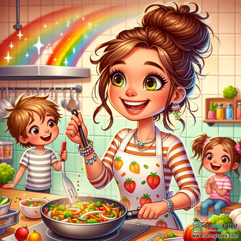 Lily Peppercorn is an enthusiastic young woman with long brown hair tied in a messy bun. She wears a colorful apron adorned with vegetable patterns and has a big smile on her face as she prepares a Rainbow Veggie Stir-fry in her kitchen. Her eyes shine with excitement and passion for cooking. Next to her, a small boy named Tommy, about 7 years old, watches in wonder. He has messy blonde hair and wears a striped t-shirt. He holds a small plastic knife and mimics Lily's movements, wide-eyed and full of admiration. In the background, a little girl named Sarah, also 7, sits on a stool with pigtails and a joyful smile. She holds a bowl and eagerly awaits a taste of the dish Lily is making. The scene takes place in a bright, colorful kitchen filled with spice jars, fresh vegetables, and cooking utensils. The walls are painted pastel yellow, and paper vegetable garlands decorate the ceiling, creating a cheerful and welcoming atmosphere. The main action shows Lily sautéing vegetables in a large pan while the children watch in fascination. Color bursts from the pan, and the air is filled with a delicious aroma of cooked vegetables, symbolizing the magic of cooking and the sharing of culinary passion.