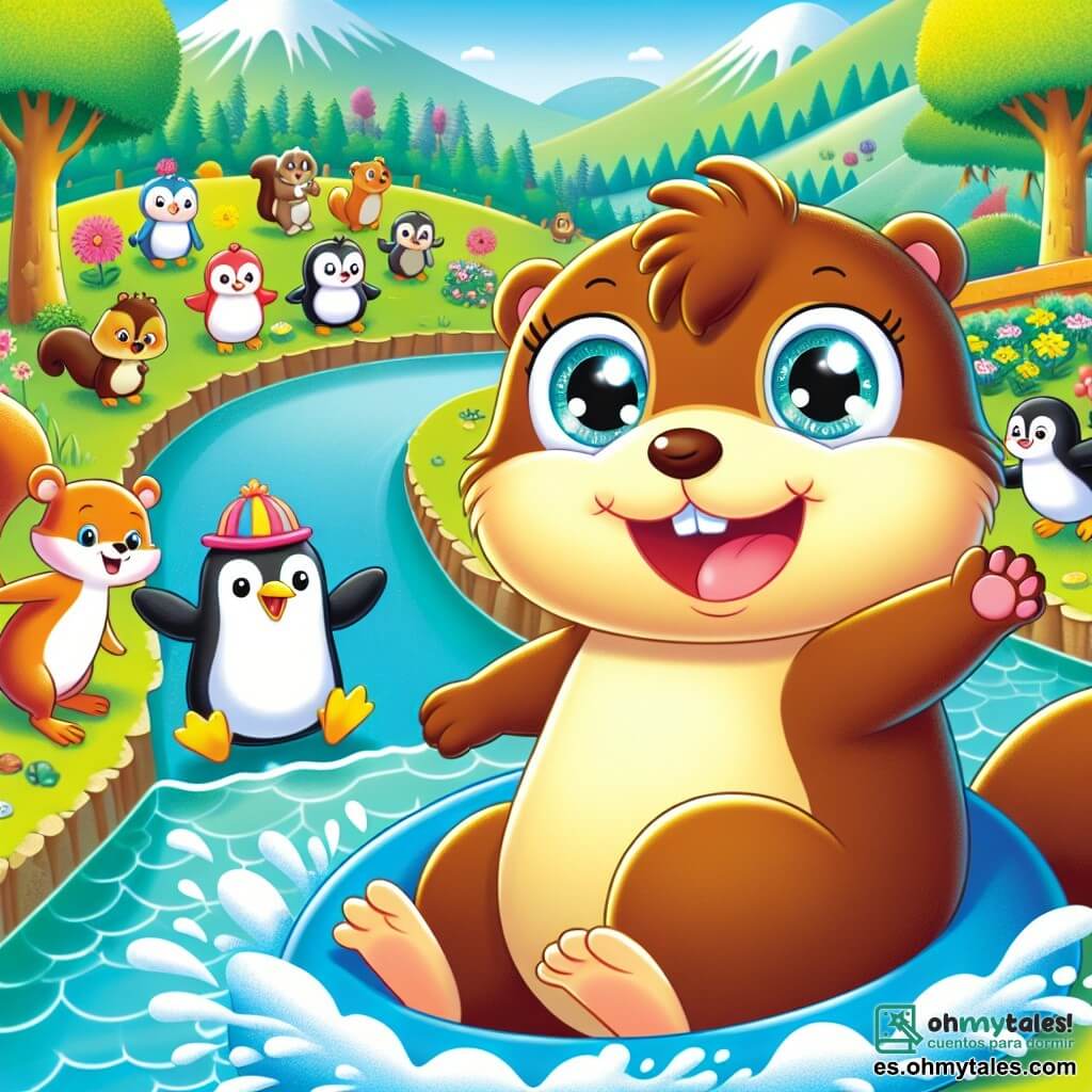 Una marmota alegre llamada Momo, con un pelaje marrón brillante y grandes ojos chispeantes, está al borde de una pequeña colina, lista para deslizarse en el agua. Sonríe ampliamente, llena de emoción. A su lado, un pingüino llamado Pablo, con un vientre blanco brillante y un pequeño sombrero de papel, la anima levantando sus aletas. Cerca, una pingüina llamada Pía, con un bonito lazo rosa en la cabeza, ríe sosteniendo un cartel que dice "¡Vamos, Momo!". El escenario es un zoológico colorido, con árboles verdes, flores brillantes y una pequeña colina que desciende hacia una piscina de agua clara. En el fondo, otros animales curiosos, como ardillas y pájaros, observan la escena con expresiones divertidas. La situación principal muestra a Momo, lista para una divertida deslizamiento, mientras los pingüinos y los otros animales la animan, creando una atmósfera de alegría y camaradería.
