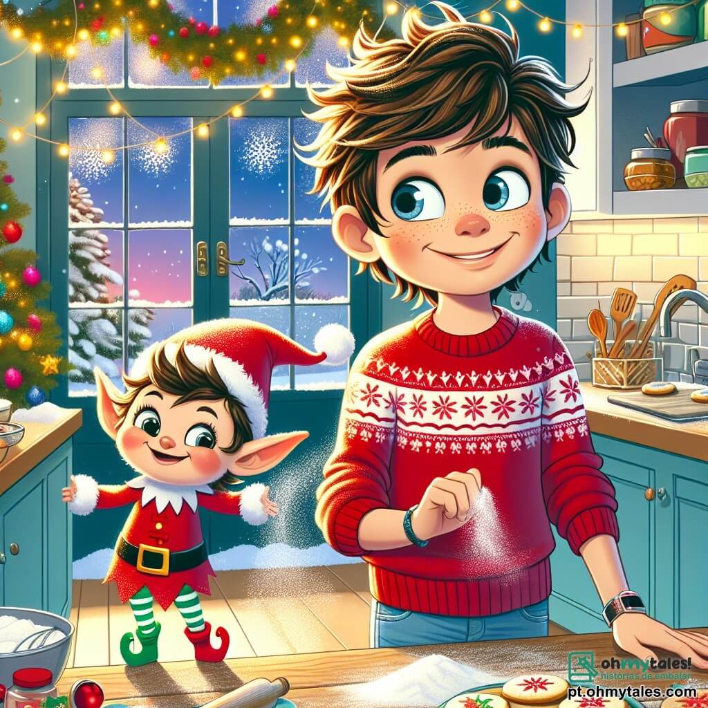 Um menino de 10 anos, com cabelos castanhos bagunçados e olhos brilhantes de curiosidade, está no centro da cena, sorrindo com admiração. Ele usa um suéter vermelho com padrões de flocos de neve e uma calça jeans. Ao seu lado, um duende travesso, pequeno e brincalhão, com um chapéu vermelho pontudo e uma barba branca, dança alegremente no balcão da cozinha, jogando farinha para o alto. A cozinha está cheia de decorações de Natal coloridas: guirlandas brilhantes, biscoitos em forma de estrelas em um prato e uma grande janela que deixa entrar a suave luz do inverno. A sala está coberta por uma fina camada de neve, criando uma atmosfera mágica e festiva. Nessa cena, o menino e o duende se divertem juntos preparando biscoitos de Natal, rindo e fazendo uma linda bagunça, enquanto flocos de neve caem suavemente do lado de fora.