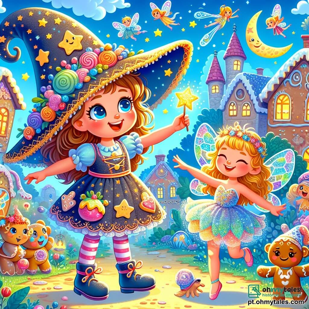 Lili, uma aprendiz de bruxa de três anos, está no centro da imagem. Ela usa um grande chapéu de bruxa muito grande para sua cabeça pequena, com estrelas e luas desenhadas. Seu rosto brilha com um sorriso travesso e seus olhos refletem curiosidade, segurando uma pequena varinha mágica cintilante. Ao lado dela está Bolinha, uma pequena fada de cerca de quatro anos, com cabelos cacheados e dourados, vestindo um vestido feito de pétalas de flores coloridas. Bolinha ri com os braços levantados, como se estivesse dançando ao redor de Lili. O cenário é uma encantadora aldeia mágica, com casas de gengibre de telhados coloridos, árvores de folhas multicoloridas e um céu azul com nuvens em forma de doces. A cena principal mostra Lili e Bolinha cercadas por um grupo de animais encantados, incluindo uma tartaruga dançante que se transformou de um sapato gigante. Lili ri alto enquanto Bolinha aplaude alegremente, criando uma atmosfera de festa e magia.