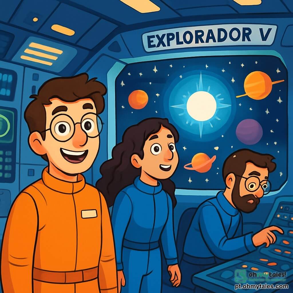 Um homem, Dr. Miguel Lopes, de cerca de 39 anos, está em pé no convés da nave espacial "Explorador V". Ele tem cabelos castanhos levemente desgrenhados, óculos redondos e um sorriso maravilhado no rosto, com os olhos brilhando de curiosidade. Ao seu lado, uma mulher, Ana, de cerca de 30 anos, com cabelos longos e cacheados, veste um traje espacial azul e observa telas de controle com fascínio. Um pouco mais adiante, Lucas, um homem de cerca de 35 anos, com uma barba bem cuidada e óculos, está inclinado sobre um painel, ajustando botões com concentração. O local é um convés futurista, cheio de luzes cintilantes e painéis de controle. Através das grandes janelas, vê-se uma paisagem estelar impressionante: planetas coloridos giram em torno de um sol azul, e estrelas brilham na imensidão do cosmos. A cena principal mostra Miguel e sua equipe descobrindo um novo sistema estelar, com expressões de alegria e deslumbramento em seus rostos, enquanto se preparam para explorar este mundo desconhecido.