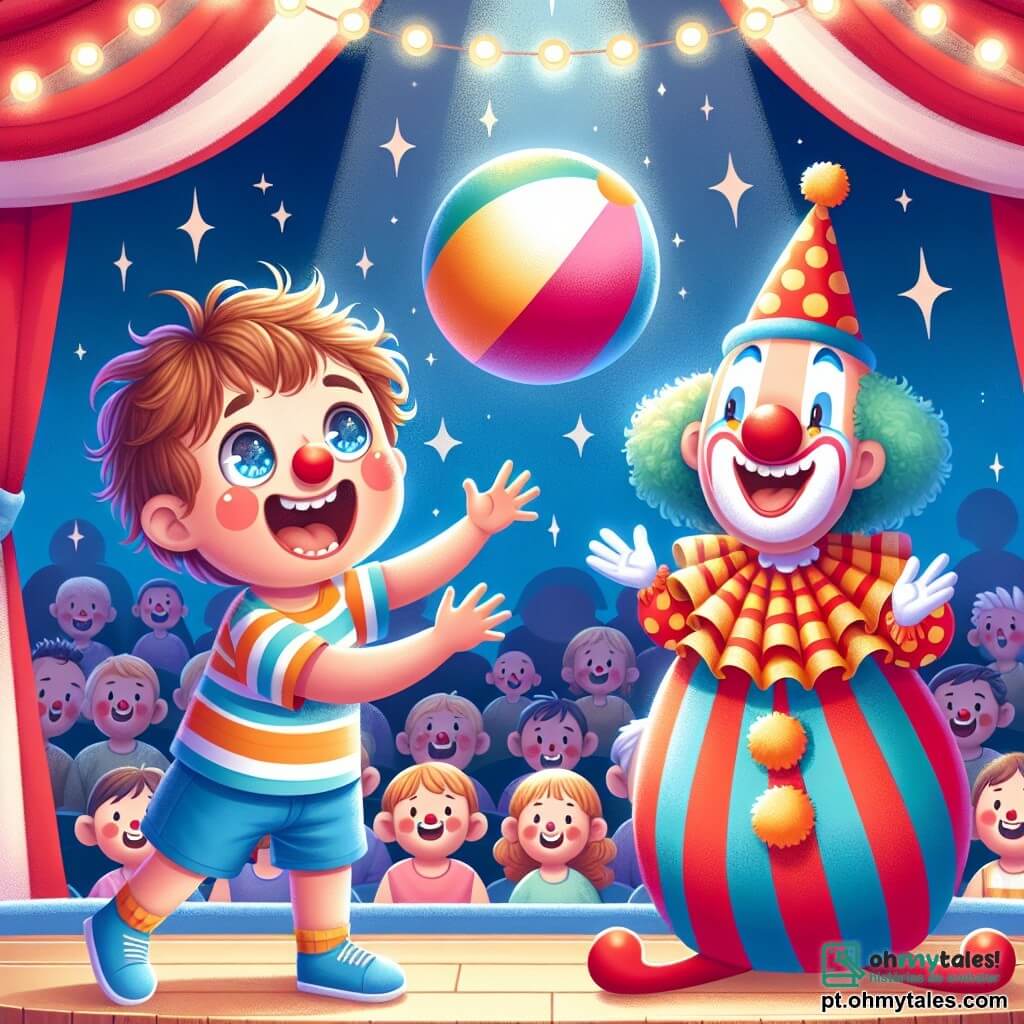 Um garotinho de 2 anos, Lucas, com cabelos castanhos bagunçados e grandes olhos brilhantes de alegria, está no centro da imagem, sorrindo amplamente enquanto lança uma bola colorida para um palhaço. Lucas usa uma camiseta listrada e um short azul, e seu rosto expressa imensa excitação. Ao lado dele, um palhaço alegre, de cerca de 30 anos, com um nariz vermelho e um sorriso radiante, pega a bola com o nariz. Ele está vestido com um traje colorido de bolinhas e usa um chapéu alto. O palhaço está ligeiramente à frente de Lucas, pronto para fazer o público rir. Ao fundo, a tenda do circo está lindamente decorada com listras vermelhas e brancas, iluminada por cordões de luzes cintilantes. Espectadores maravilhados, de todas as idades, estão sentados em bancos de madeira, rindo e aplaudindo. A cena mostra Lucas e o palhaço se divertindo juntos, criando uma atmosfera alegre e mágica, cheia de risos e cores, no coração do circo.