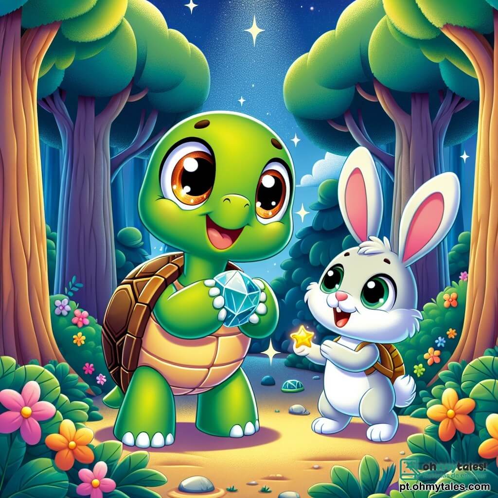 Uma pequena tartaruga chamada Tuga, com uma carapaça verde brilhante e olhos curiosos, está no centro da cena, sorridente e cheia de entusiasmo, segurando uma pedra mágica com suas pequenas patas. Ao lado dela, um coelho de grandes orelhas e pelagem branca, com um ar alegre, observa a tartaruga com admiração, enquanto salta sobre suas patas traseiras. A cena se passa em uma floresta encantada, onde grandes árvores com troncos grossos e folhas verdes formam um abrigo natural, enquanto flores coloridas enfeitam o chão. Ao fundo, estrelas brilham em um céu noturno, iluminando suavemente a cena. Tuga e Coelho estão celebrando a descoberta da pedra mágica, cercados pelo brilho das estrelas, compartilhando um momento de alegria e amizade, prontos para viver novas aventuras juntos.