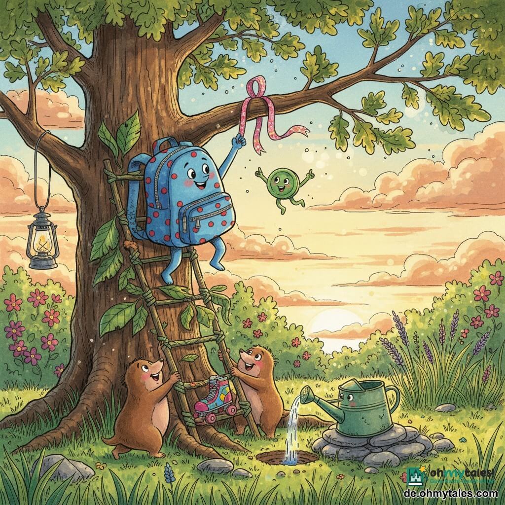 Ein kleiner blau gepunkteter Rucksack mit lächelnden Reißverschlüssen klettert mutig eine improvisierte Leiter aus Zweigen, Blättern und Steinen hinauf, um ein rosa, glitzerndes Band an einen hohen Ast zu binden, während ein grüner, runder Knopf auf dem Griff aufgeregt hüpft und zeigt, zwei rundliche, braune Maulwürfe die Leiterbasis schieben, eine alte grüne, etwas eingedellte Gießkanne warmes Wasser über ein Samenkornloch gießt, ein bunter Rollschuh als wackeliger Tritt zwischen Steinen steckt und eine kleine Metalllaterne am Ast die Szene in goldenem Abendlicht eines großen Sommergartens mit dichtem Gras, polierten Steinen, blühenden Büschen und einer sehr hohen Eiche erhellt — ein Moment von Kooperation, Freude und gemeinsamem Einsatz.