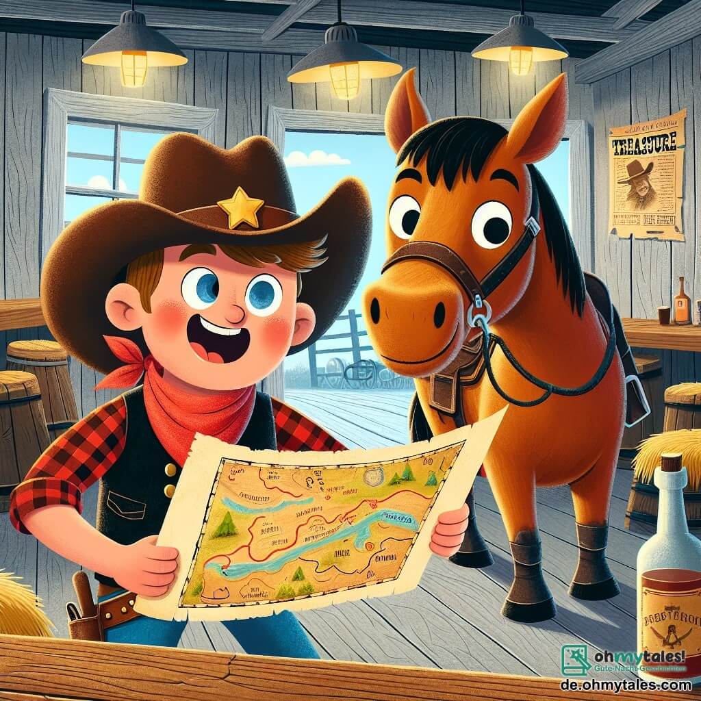 Ein Cowboy namens Ben steht im Mittelpunkt des Bildes, mit einem breiten Lächeln auf seinem Gesicht. Er trägt einen braunen Cowboyhut, ein rot kariertes Hemd und Jeans. Seine Lederstiefel glänzen in der Sonne, während er eine Schatzkarte in den Händen hält und aufgeregt in die Ferne schaut. Neben ihm steht sein treues Pferd Max, ein großer brauner Hengst mit schwarer Mähne, der neugierig die Karte betrachtet. Die Szenerie spielt in einem alten Holzsaloon mit grauen Bretterwänden und einer knarrenden Holztür. Im Inneren beleuchten gedämpfte Lichter rustikale Holztische und Stühle aus Stroh. Auf der Theke steht eine alte Whiskyflasche und an den Wänden hängen Cowboy-Poster. Die Hauptsituation zeigt Ben und Max, die eine alte Schatzkarte auf einem staubigen Tisch entdecken, umgeben von der geheimnisvollen Atmosphäre des Saloon, bereit, auf Schatzsuche zu gehen, voller Aufregung und Vorfreude.