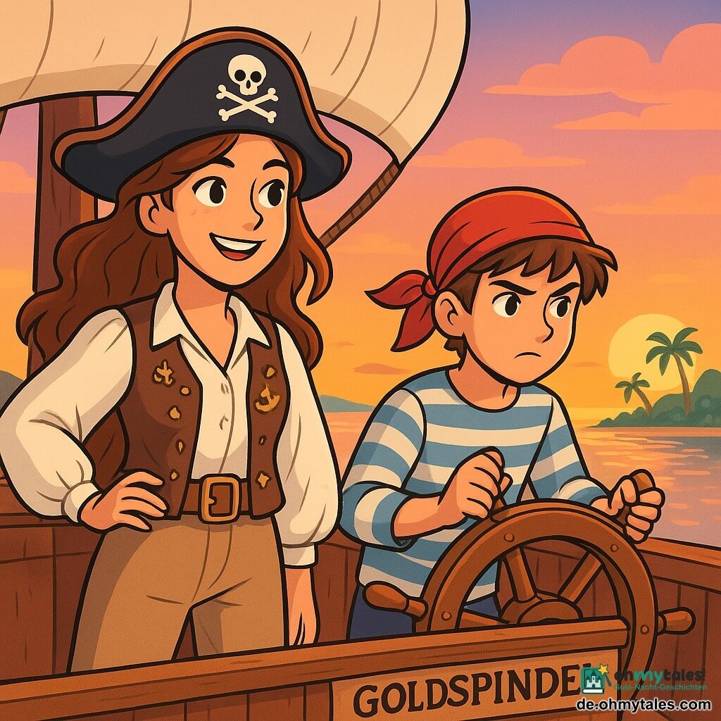 Mira Salten, eine junge Piratin mit langen, gewellten Haaren, steht stolz auf dem Deck ihres Schiffes, der "Goldspindel". Ihr Gesicht strahlt ein entschlossenes Lächeln aus, ihre Augen funkeln vor Aufregung und Neugier. Sie trägt eine Segelhose, ein weißes Hemd mit Puffärmeln und eine mit maritimen Verzierungen geschmückte Lederweste. Neben ihr justiert Jona, ein 12-jähriger Junge mit kurzen, zerzausten Haaren, mit intensiver Konzentration das Steuer. Er trägt ein rotes Bandana und ein gestreiftes Hemd, seine Hände sind fest am Holz des Schiffes, bereit, Miras Befehlen zu folgen. Im Hintergrund ist das Meer ruhig, mit goldenen Reflexionen unter dem Sonnenuntergang. Grüne Inseln zeichnen sich am Horizont ab, mit Palmen, die im Wind tanzen. Der Himmel ist in Rosatönen und Orange gefärbt und schafft eine magische Atmosphäre. Die Szene zeigt Mira und Jona, die zu einer geheimnisvollen Insel segeln, wo Geheimnisse und Schätze auf sie warten. Die Aufregung des Abenteuers ist spürbar, und der Teamgeist zwischen den beiden Freunden leuchtet in ihren Gesichtsausdrücken.