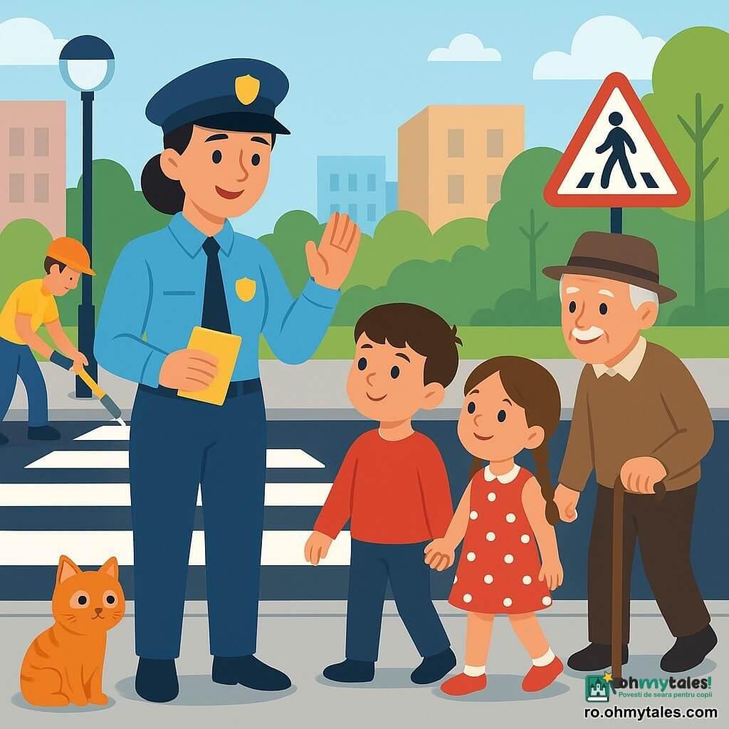 O polițistă zâmbitoare și binevoitoare, în jachetă bleu deschis și șapcă asortată, ridică mâna pentru a opri circulația și ține un mic carnețel galben; un băiat de 6 ani cu pulover roșu ține de mână o fetiță de 5 ani în rochie cu buline și cu codite, stând pe trotuar lângă o trecere de pietoni proaspăt vopsită; un bătrân de circa 75 de ani cu păr cenușiu și pălărie merge încet cu bastonul câțiva pași în spate, zâmbind; o pisicuță roșcată stă pe marginea trotuarului privind scena; doi grădinari în fundal vopsesc dungi albe cu pensule mari; colț de stradă însorit cu trotuar gri, stâlp de iluminat rotund, copaci verzi, clădiri în tonuri pastel și un panou colorat — compoziție clară și liniștitoare, culori vii, forme simple și gesturi care inspiră siguranță.
