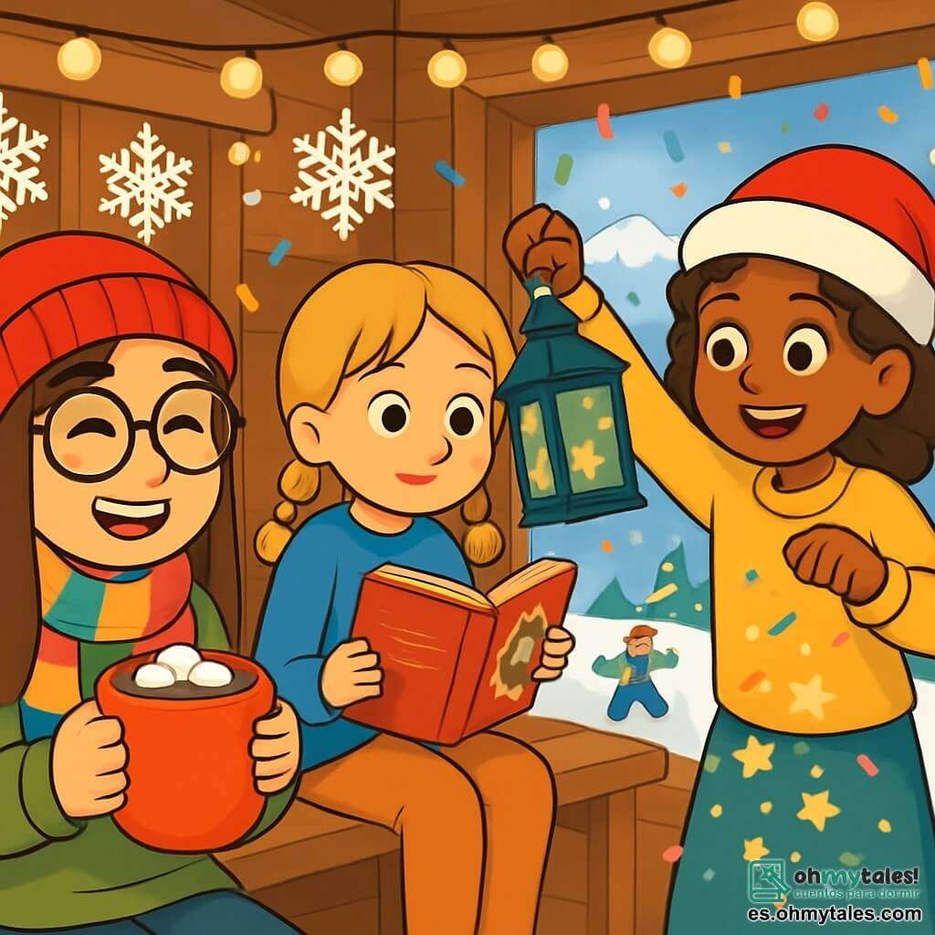 Hay 3 personajes: - Lucía: una niña de 11 años, con cabello largo castaño y gafas redondas. Lleva un gorro rojo y una bufanda multicolor, y sonríe alegremente sosteniendo una gran taza de chocolate caliente. - Marta: una niña de 11 años, con trenzas rubias y un suéter azul. Tiene una expresión curiosa y mira un libro sobre las tradiciones de fin de año, sentada en un banco de madera. - Sofía: una niña de 11 años, con cabello rizado y un sombrero navideño. Está de pie, sosteniendo una linterna mágica que proyecta estrellas brillantes sobre la nieve, rodeada de confeti colorido. El lugar es un albergue acogedor, decorado con guirnaldas luminosas y copos de nieve de papel colgados del techo. Afuera, se extiende un paisaje invernal mágico: montañas nevadas, abetos cubiertos de nieve y niños jugando en la nieve, creando un alegre desorden de bolas de nieve y risas. La situación principal muestra a las tres amigas celebrando el Año Nuevo, rodeadas de luces brillantes y decoraciones festivas. Se ríen y se divierten, listas para compartir deseos y dulces, mientras proyectan estrellas con la linterna mágica en un ambiente alegre y festivo.