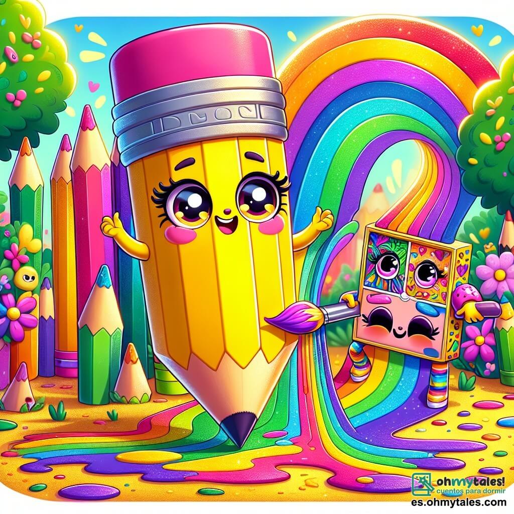 Un personaje principal, un lápiz amarillo brillante con una cara sonriente y ojos chispeantes, está dibujando un gran arcoíris en el suelo con colores vibrantes. Expresa una alegría contagiosa, sus rasgos redondeados y su cuerpo alargado le dan un aspecto amigable y cálido. Junto a él, otra cajita de lápices, Lila, es representada con colores variados, tonos de violeta y rosa, y patrones únicos en su cuerpo. Tiene una sonrisa tímida pero radiante, y sostiene un pincel, añadiendo detalles coloridos al dibujo. El lugar es un parque soleado, lleno de flores coloridas y árboles con hojas verdes brillantes. El suelo está cubierto de arena dorada, y al fondo se pueden ver otros lápices y colores que se acercan con curiosidad, atraídos por la escena alegre. La situación principal muestra al lápiz amarillo y a Lila colaborando para crear un hermoso mural de arcoíris, ilustrando así la importancia de la amistad y la tolerancia a través de sus diferencias.