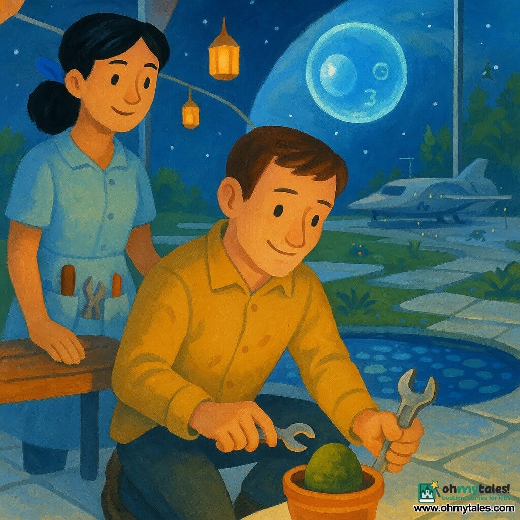 A man, Elliot, in his thirties with a soft face, short brown hair, faint grease-stained fingers and a calm focused smile, is crouched planting a small green moss stone into a glowing pot while holding a wrench; a woman, Hana, in her forties with black hair tied with a blue ribbon, wearing a light dress with tool-filled pockets, stands beside him with one hand on a floating bench and a benevolent, ready-to-help expression; a small bluish translucent holographic navigation robot, Mira, hovers above Elliot’s shoulder casting a soft halo and displaying tiny green position and timer symbols; they are on the central terrace of the Zen Garden Orbital—pearly floating tiles, flame-less hanging lanterns, shallow glass-pebble pools reflecting stars and curved glass walls revealing the blue planet; in the calm, precise scene Elliot tends the moss by a pebble pool, the Lumen docked in the background, tiny maintenance drones at work, and a warm, orderly twilight light pervades.