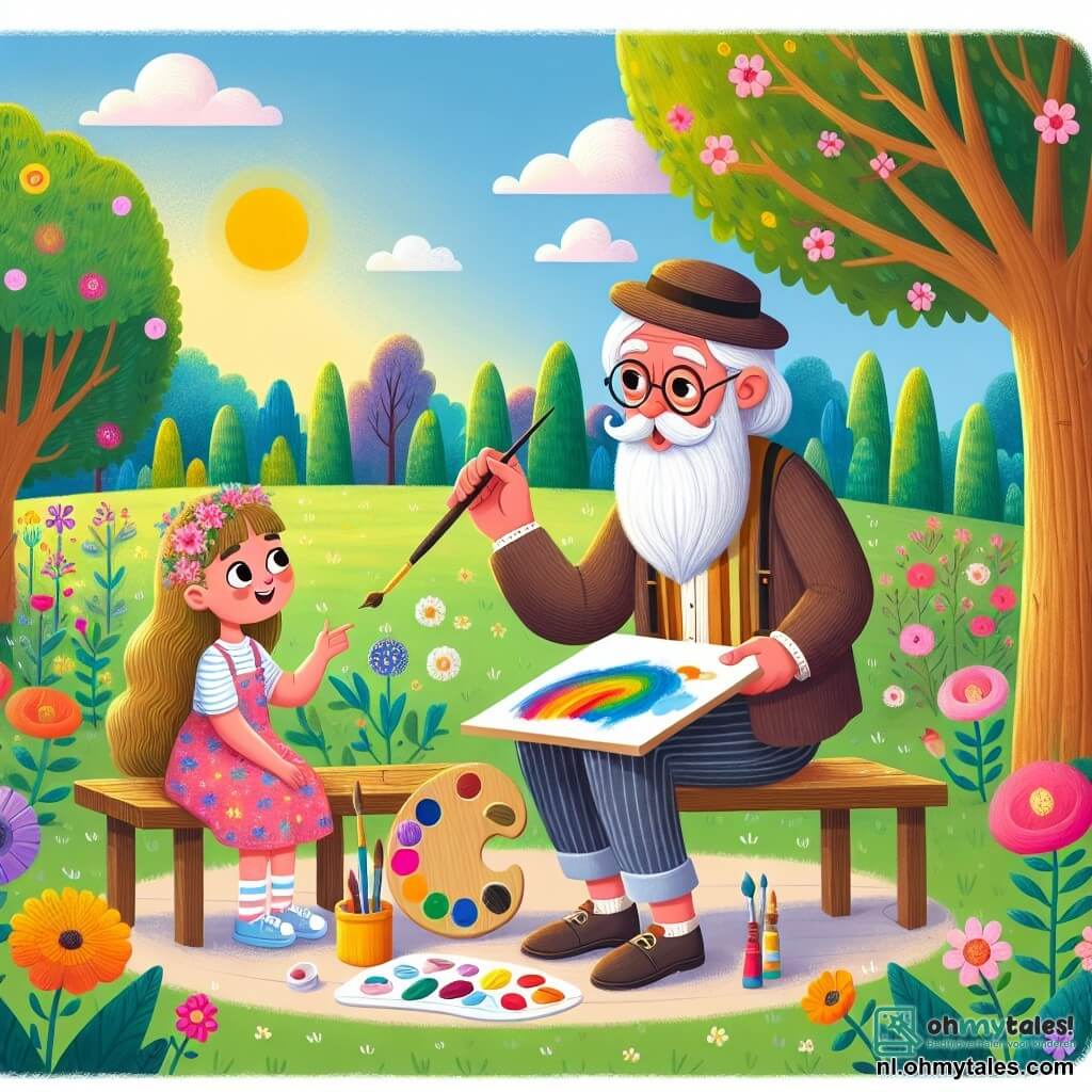 Een oude man, genaamd opa Jan, zit op een houten bank in een groen park. Hij heeft een lange grijze baard en ronde bril die hem een wijze en vriendelijke uitstraling geven. Hij glimlacht vrolijk, met een penseel in de ene hand en een palet met felle kleuren in de andere, terwijl hij een blauwe lucht op een doek schildert. Naast hem zit Emma, een 7-jarig meisje met lange bruine haren en nieuwsgierige ogen. Ze draagt een kleurrijke jurk en kijkt verwonderd naar opa Jan's schilderij, benieuwd om te leren schilderen. Het park is gevuld met stralende bloemen, grote bomen met groene bladeren en een zonnige lucht, wat een vrolijke en inspirerende sfeer creëert. Opa Jan legt aan Emma uit hoe ze kleuren moet kiezen en vormen moet tekenen, terwijl ze naast hem gaat zitten, klaar om de wonderlijke wereld van de kunst te ontdekken.