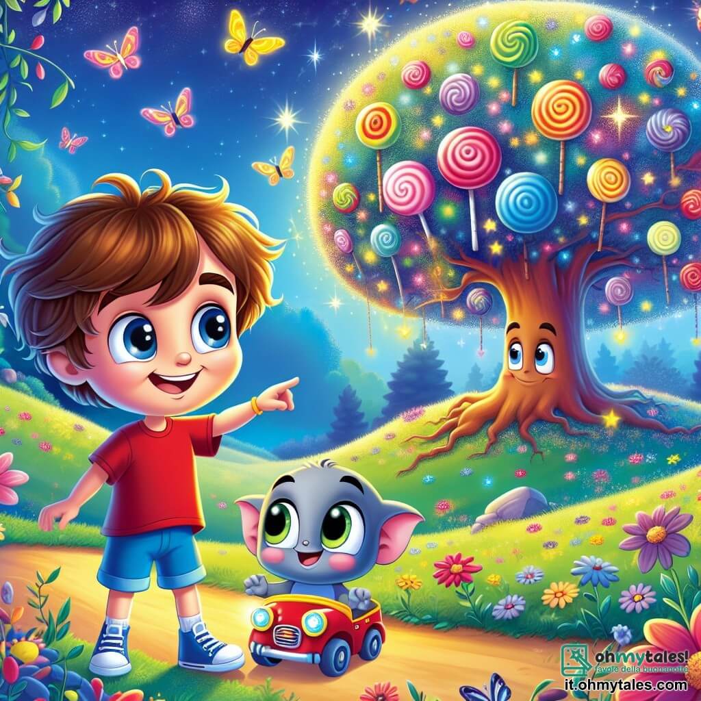 In un paesaggio magico, vediamo due personaggi principali: Leo, un ragazzo di 7 anni con grandi occhi curiosi e capelli castani ricci, che indossa una maglietta rossa e pantaloni corti blu, sorride mentre indica l'albero davanti a lui; e Tom, un amico grande di 10 anni, simile a un piccolo veicolo con ruote magiche, colorato di blu e giallo, con occhi espressivi, che sta accanto a Leo, pronto a seguirlo nell'avventura. Il luogo è un campo incantato, pieno di fiori multicolori che danzano al vento, con l'Arbre des Caramelles al centro, le cui branche cariche di caramelle brillanti scintillano come stelle sotto il sole. Leo e Tom, meravigliati, si trovano davanti all'Arbre des Caramelles, ognuno con una caramella colorata in mano, circondati da farfalle colorate che volano attorno a loro, creando un'atmosfera gioiosa e magica.