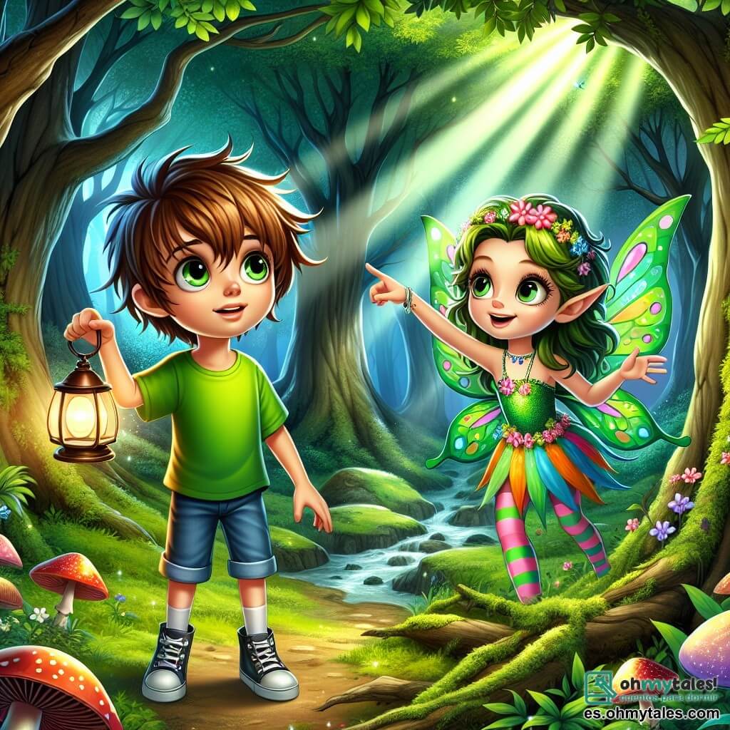 Un niño de 12 años, Lucas, se encuentra en el centro de la escena, con cabello castaño desordenado y ojos brillantes de curiosidad. Lleva una camiseta verde brillante y un pantalón corto de mezclilla, sosteniendo una pequeña linterna en su mano, con un rostro que expresa tanto emoción como un leve temblor de miedo. A su lado, Lira, una niña de la misma edad, es un duende con alas de mariposa brillantes, vestida con un vestido colorido hecho de pétalos de flores, sonriendo con aliento mientras señala un camino misterioso en el bosque. El escenario es un bosque encantado, donde árboles majestuosos se elevan hacia el cielo, sus hojas formando un techo verde. Rayos de sol atraviesan las ramas, iluminando un pequeño arroyo que serpentea por el suelo cubierto de musgo. Flores multicolores y hongos extraños salpican el suelo, añadiendo un toque de magia al entorno. La situación principal muestra a Lucas y Lira preparándose para entrar en la Cueva de los Ecos, una cueva oscura y misteriosa que se alza ante ellos, con sombras danzantes y un leve eco de murmullos. Lucas, con determinación, avanza hacia la entrada, mientras Lira lo anima con una sonrisa confiada, listos para enfrentarse al dragón que guarda la primera gema mágica.