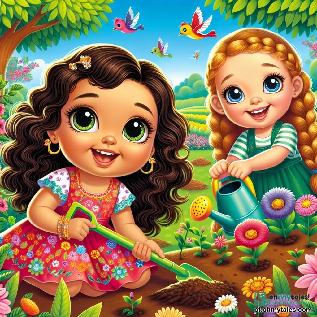 Uma menina de 4 anos, Lila, com grandes olhos brilhantes e um sorriso radiante, está agachada em um parque verdejante, segurando uma pequena pá de plástico. Ela tem cabelos cacheados e castanhos, e usa um vestido colorido com flores. Ao lado dela, outra menina, Ana, também de 4 anos, com cabelos longos e loiros trançados, sorri alegremente segurando um regador. Elas estão cercadas por terra solta e pequenas sementes de flores que acabaram de plantar. O parque é cheio de verde, com grandes árvores de folhas brilhantes e flores coloridas começando a florescer. A cena mostra Lila e Ana plantando flores, com rostos iluminados pela excitação e alegria de contribuir para a natureza, enquanto abelhas zumbem ao redor, atraídas pelas flores.